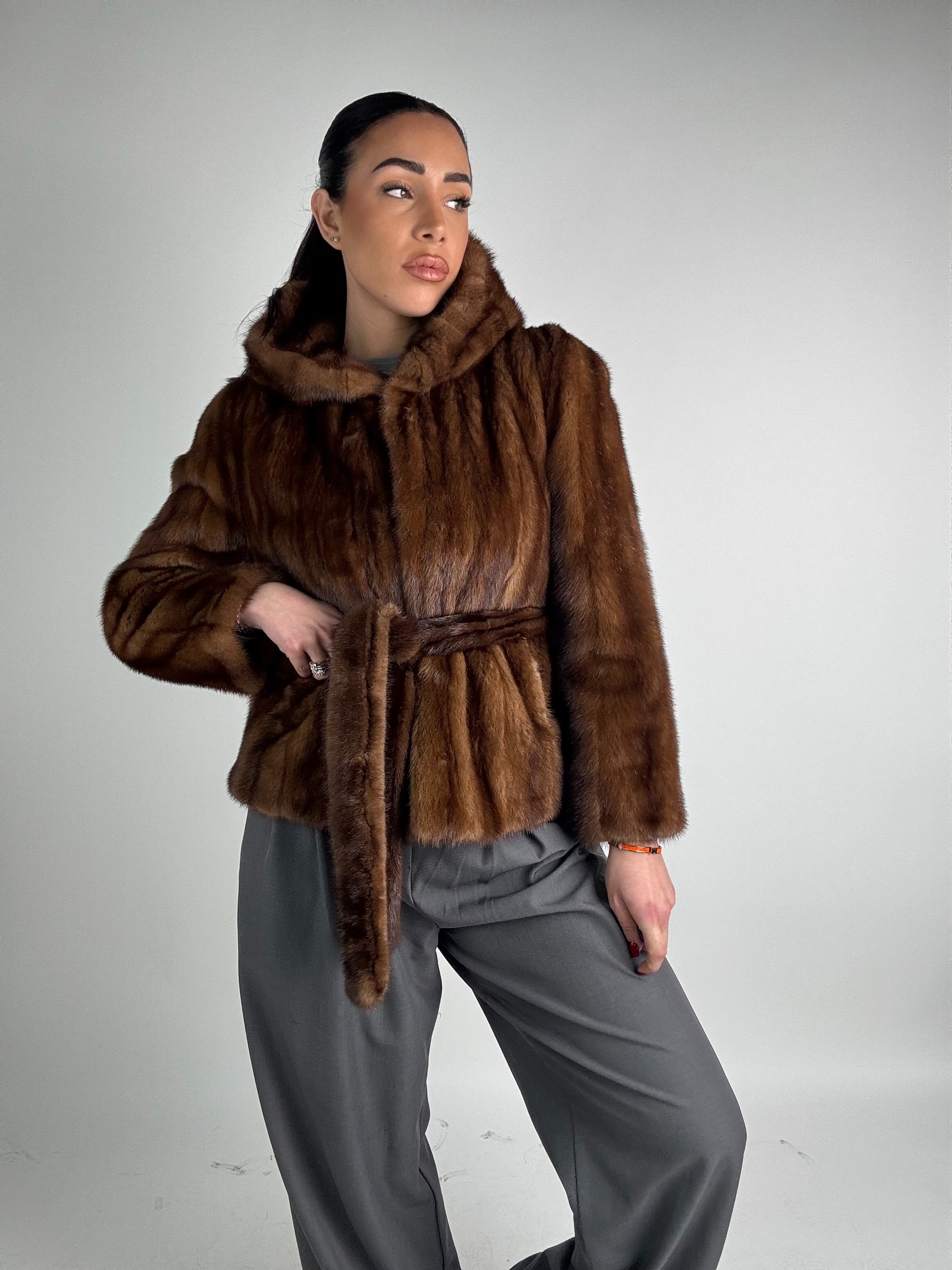 Mink jacket with belt and hood