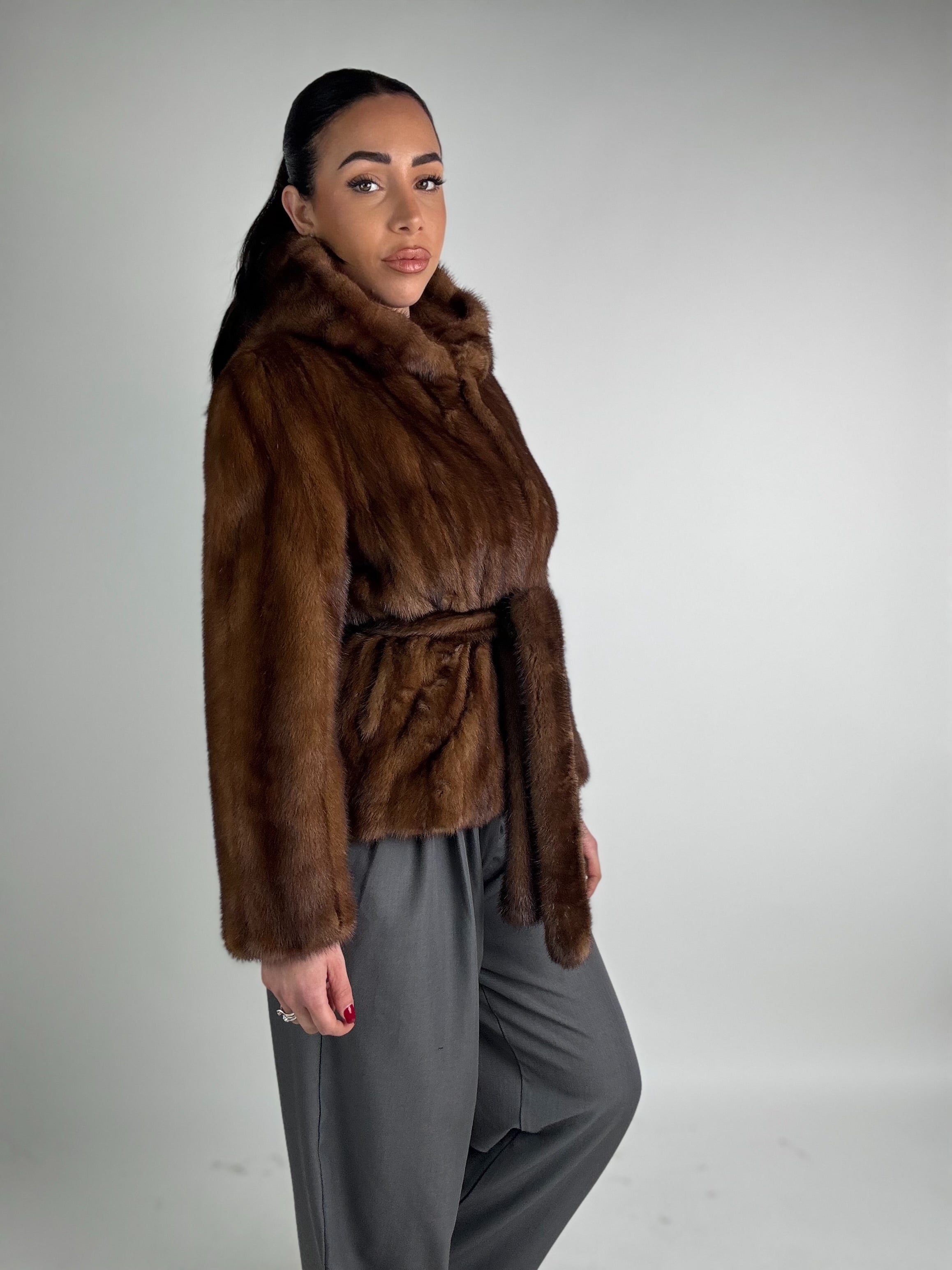 Mink jacket with belt and hood