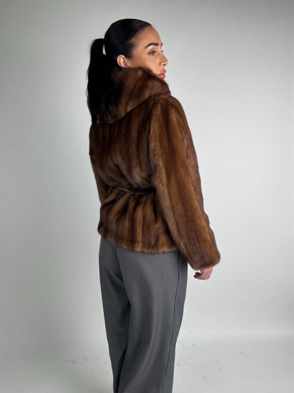 Mink jacket with belt and hood