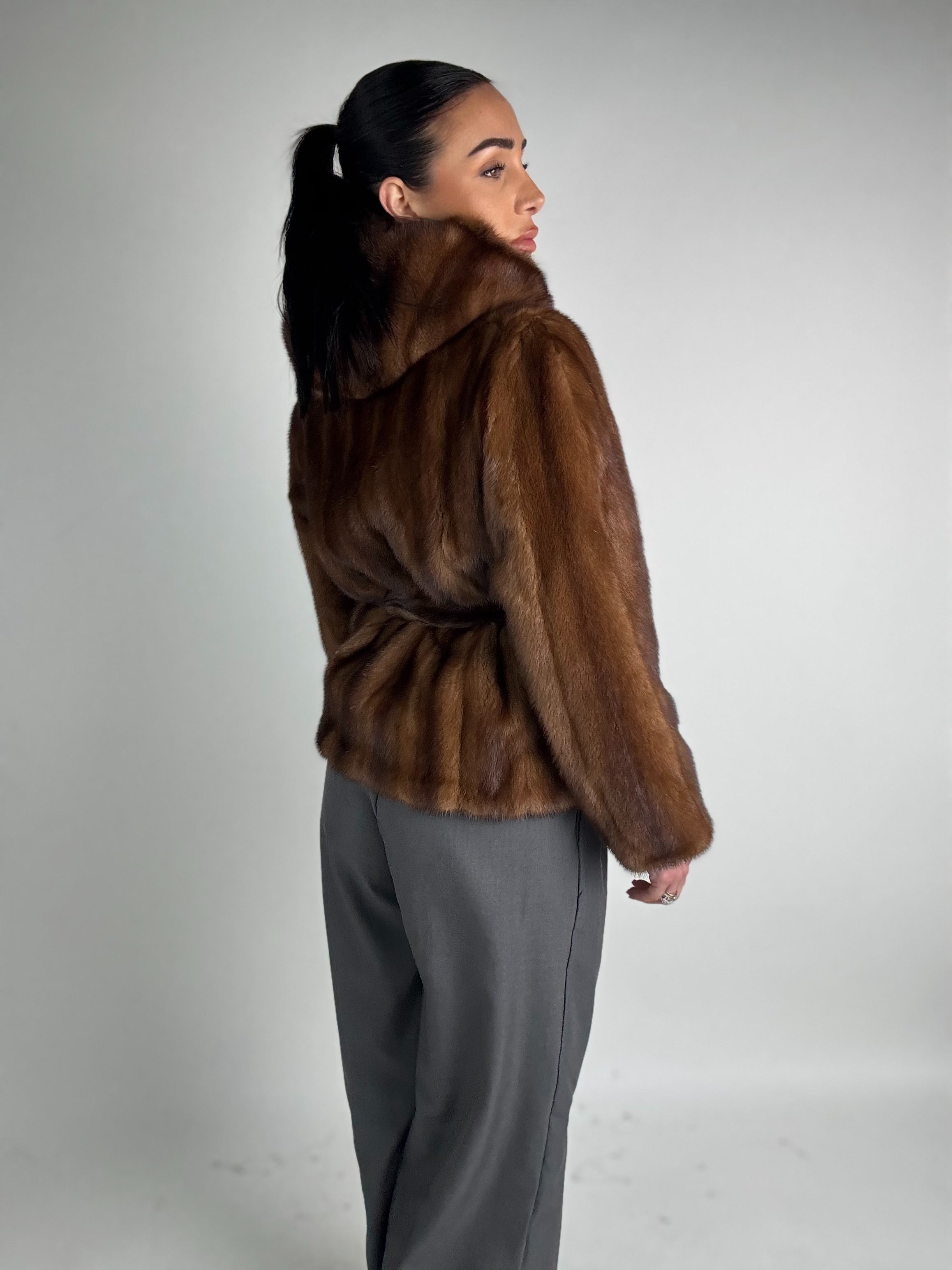 Mink jacket with belt and hood