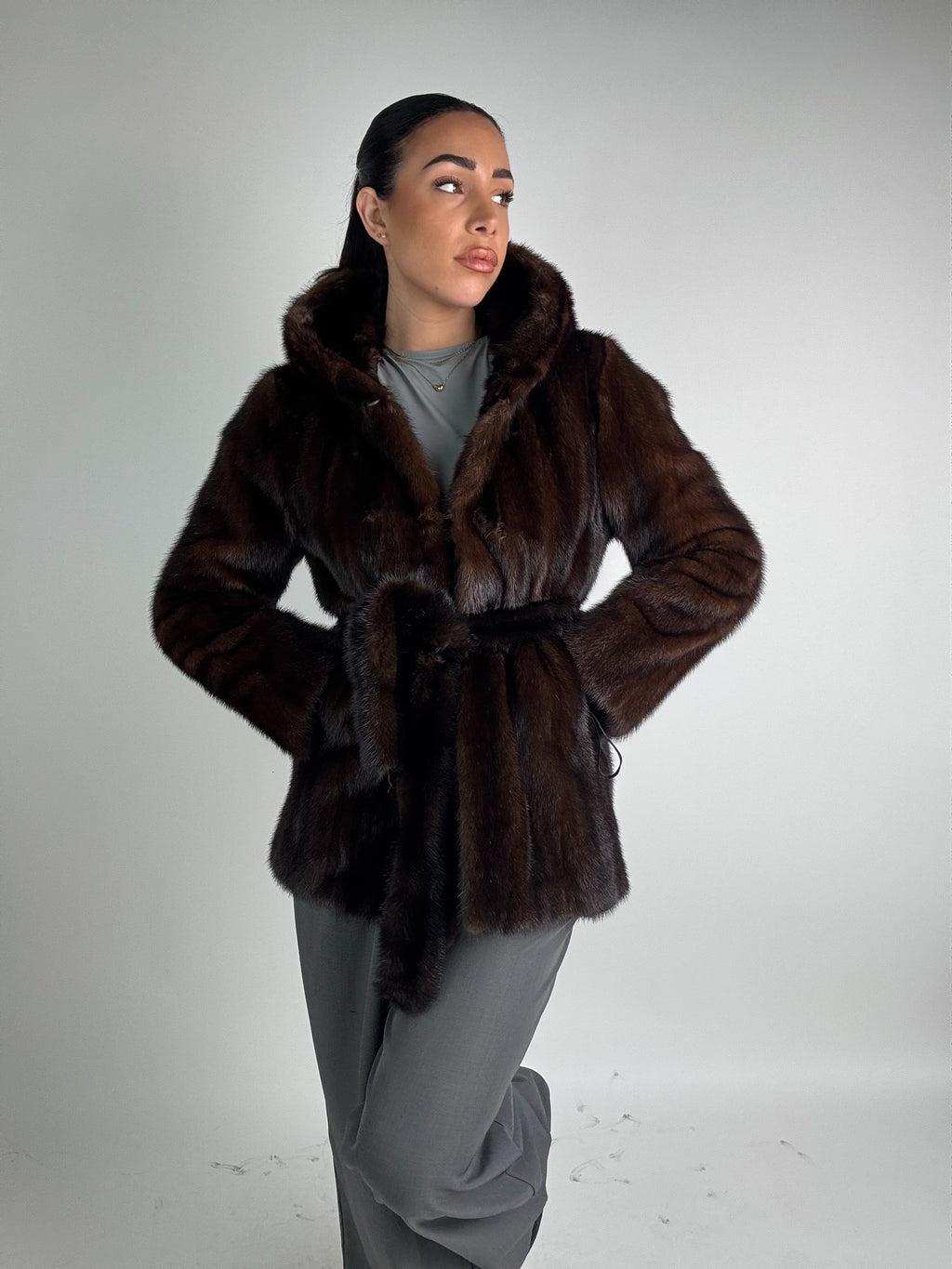Mink jacket with belt and hood
