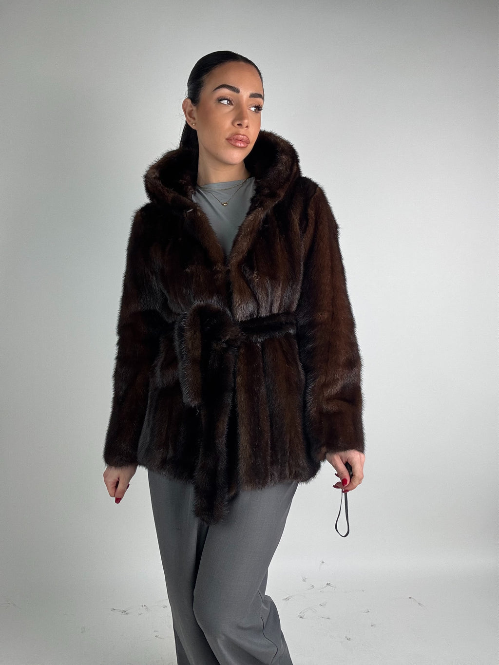 Mink jacket with belt and hood
