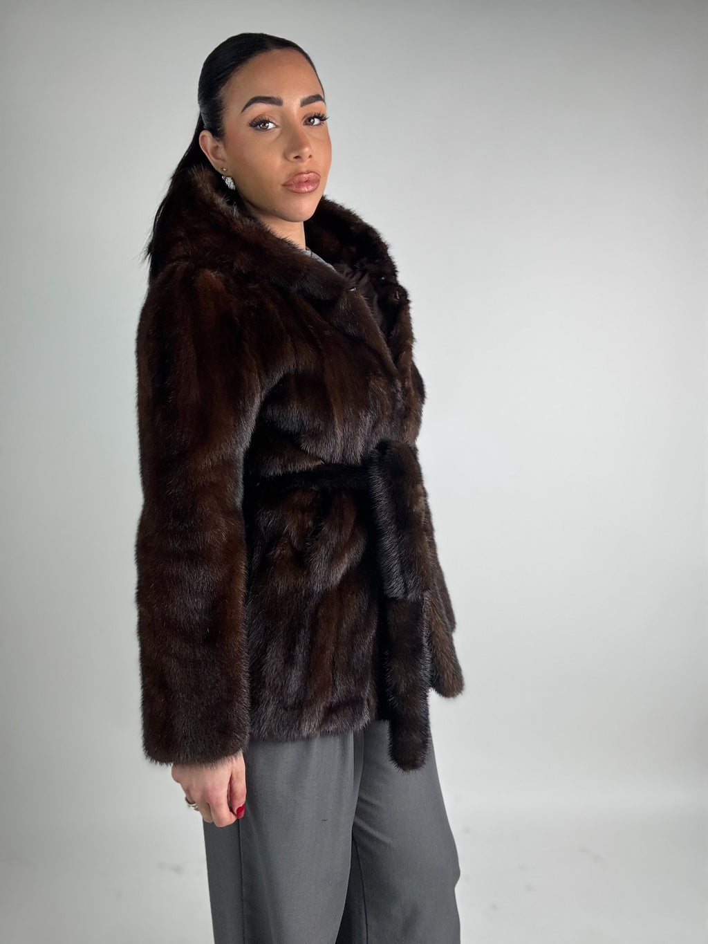 Mink jacket with belt and hood