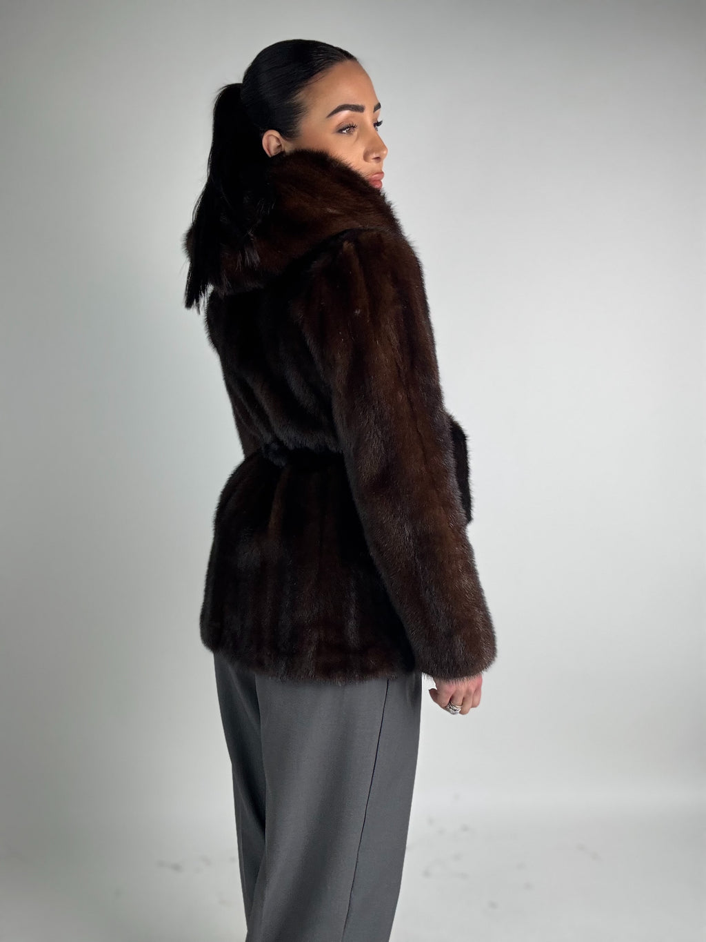 Mink jacket with belt and hood