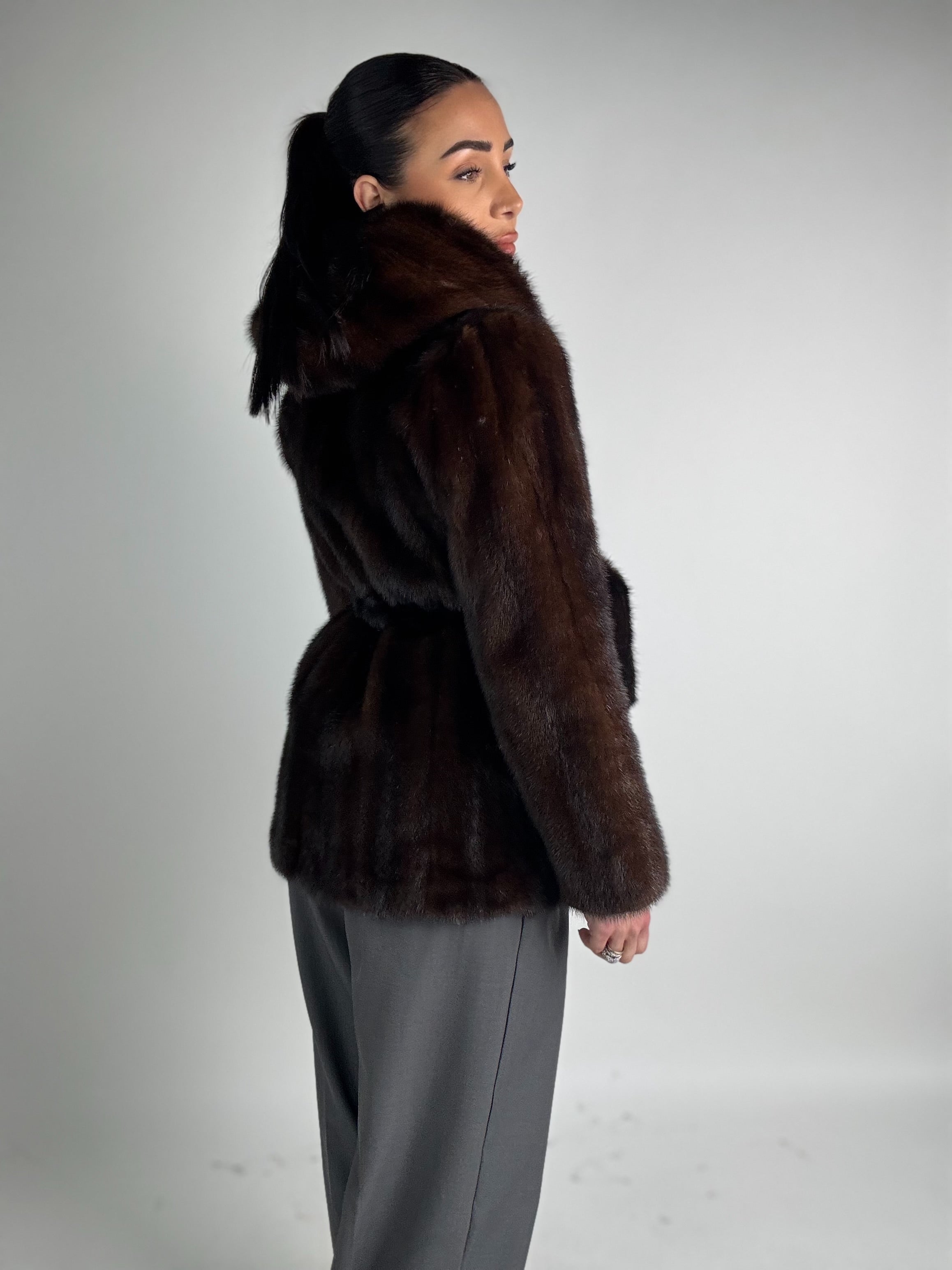 Mink jacket with belt and hood