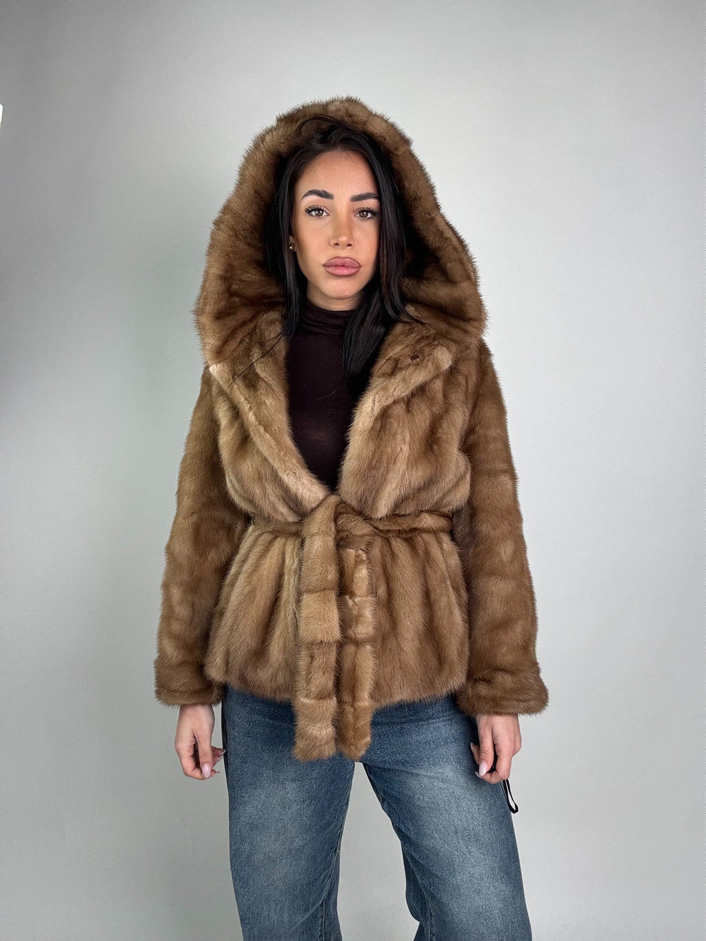 Mink jacket with belt and hood