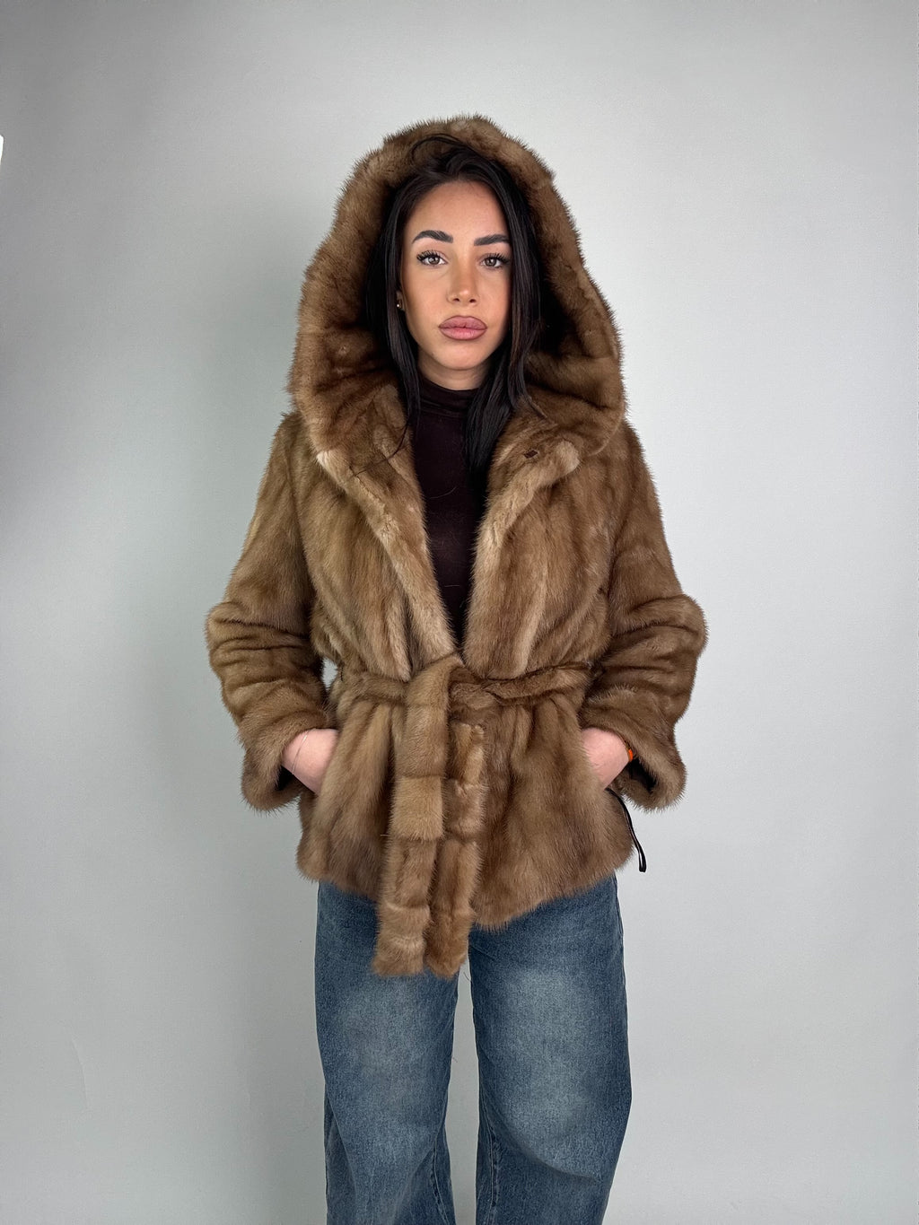 Mink jacket with belt and hood