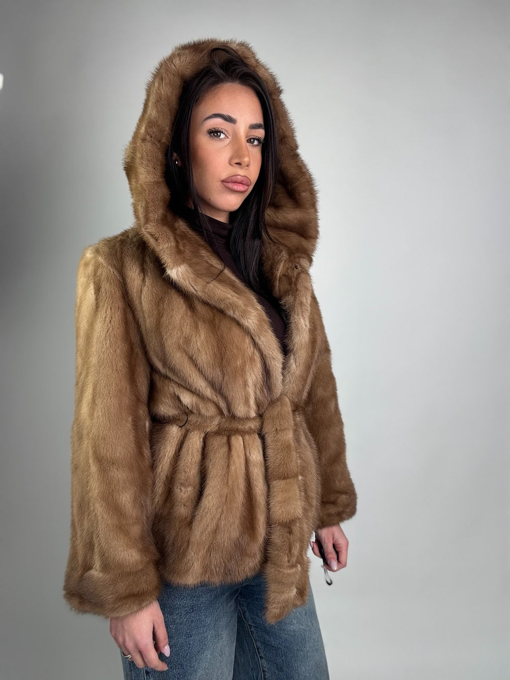 Mink jacket with belt and hood
