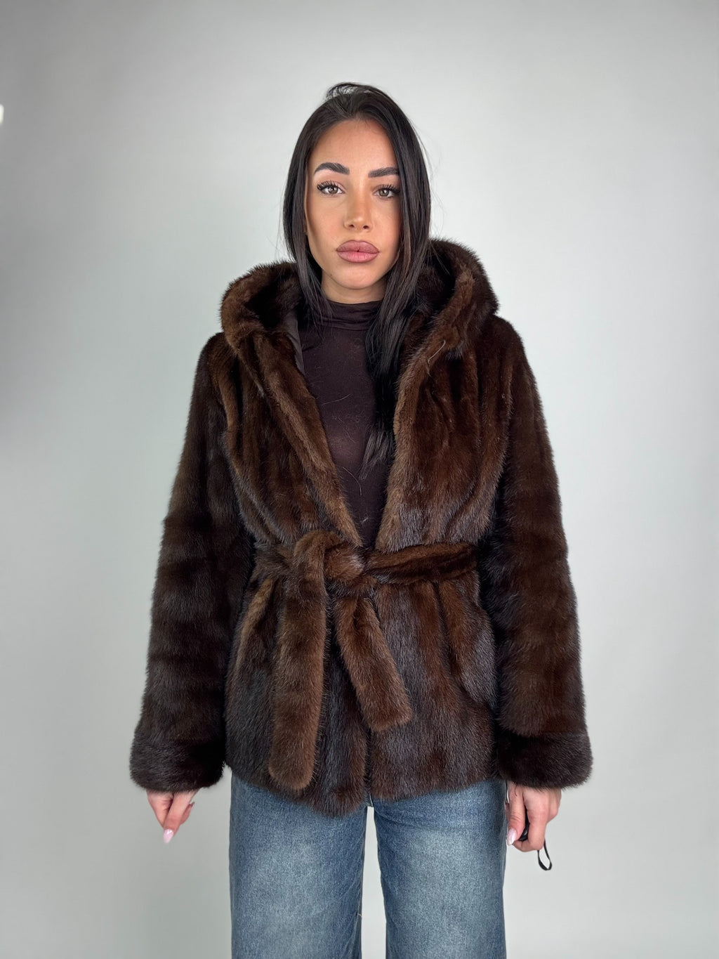 Mink jacket with belt and hood