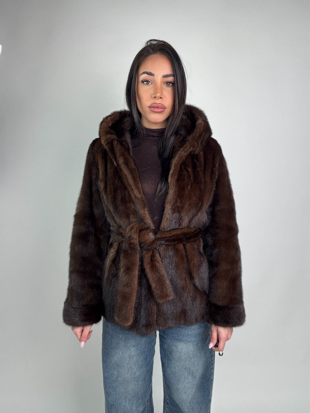 Mink jacket with belt and hood