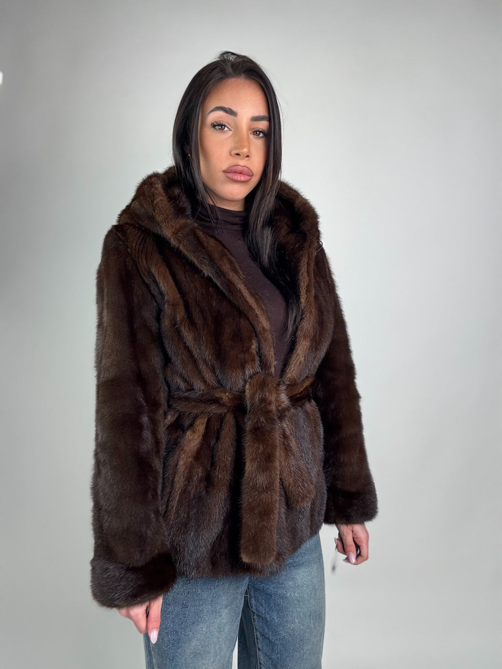 Mink jacket with belt and hood