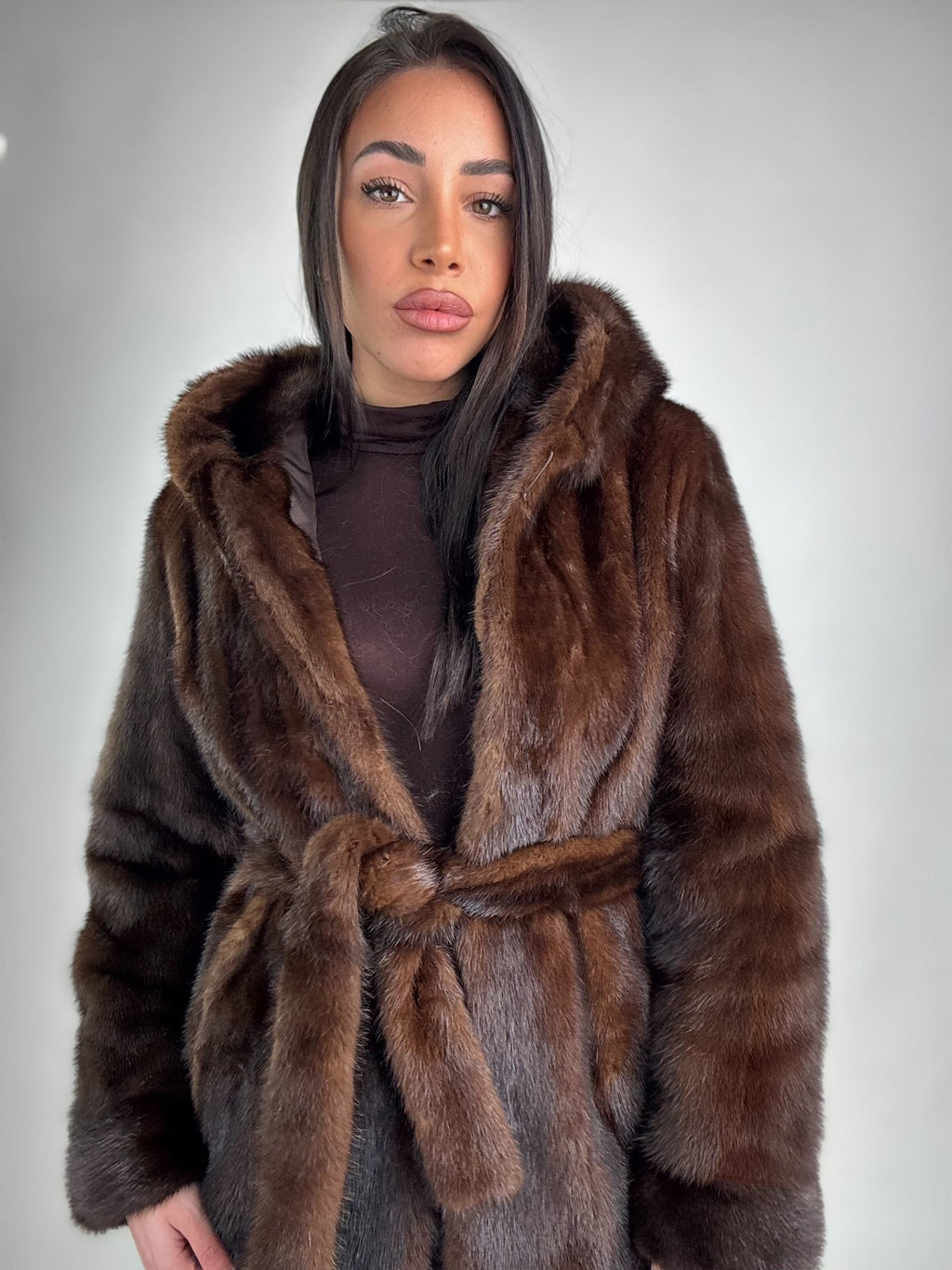 Mink jacket with belt and hood
