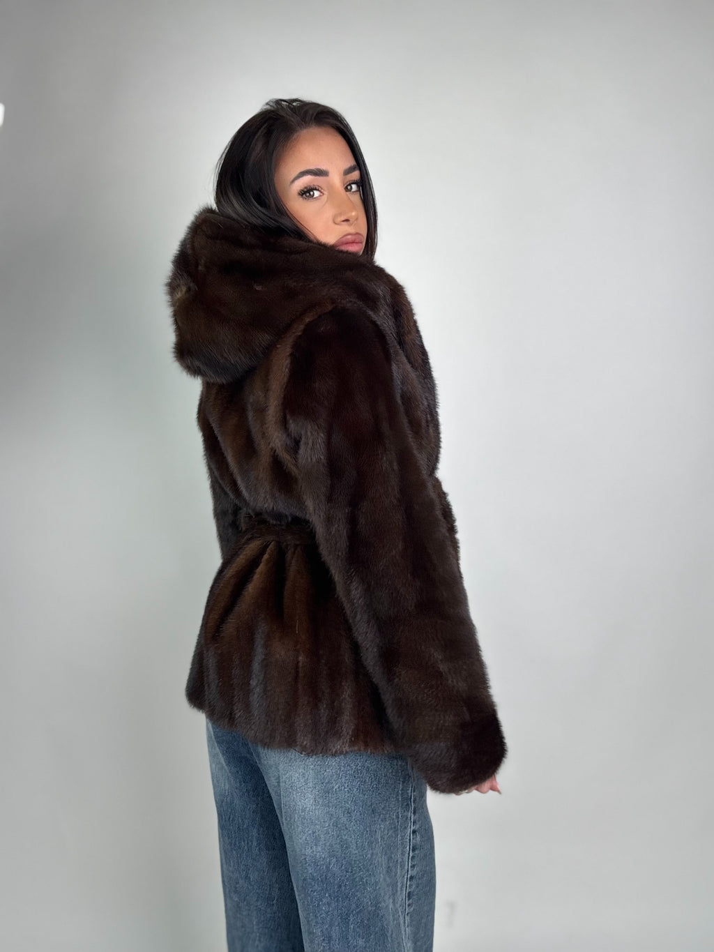 Mink jacket with belt and hood
