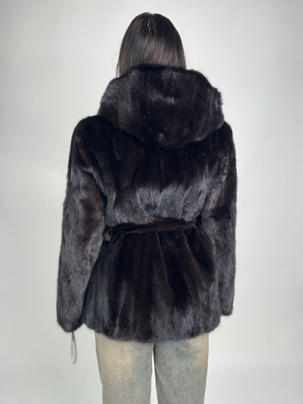 Mink jacket with belt and hood