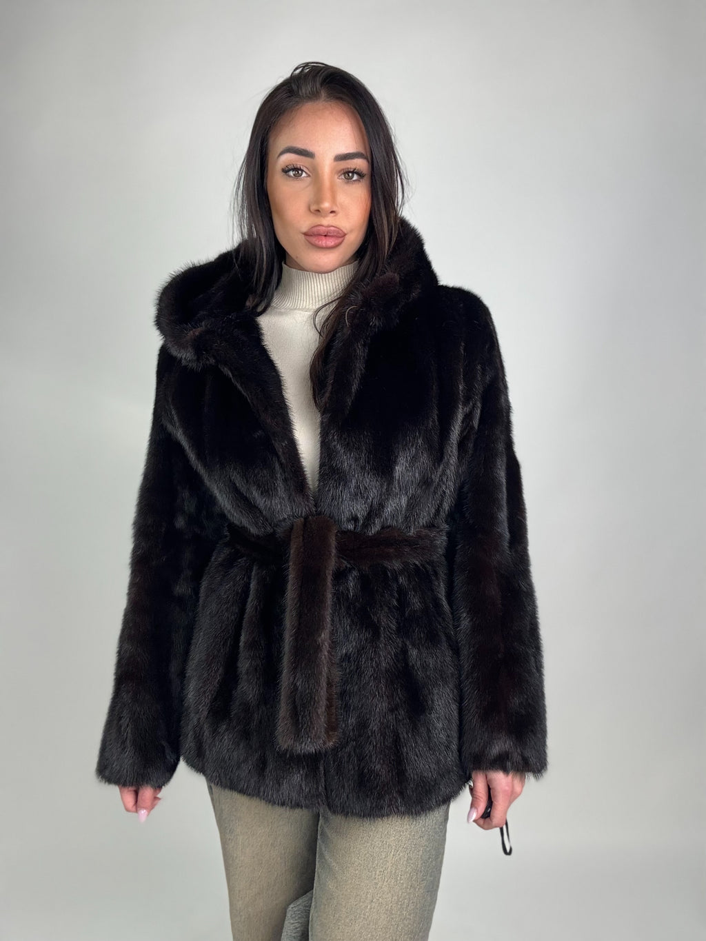 Mink jacket with belt and hood