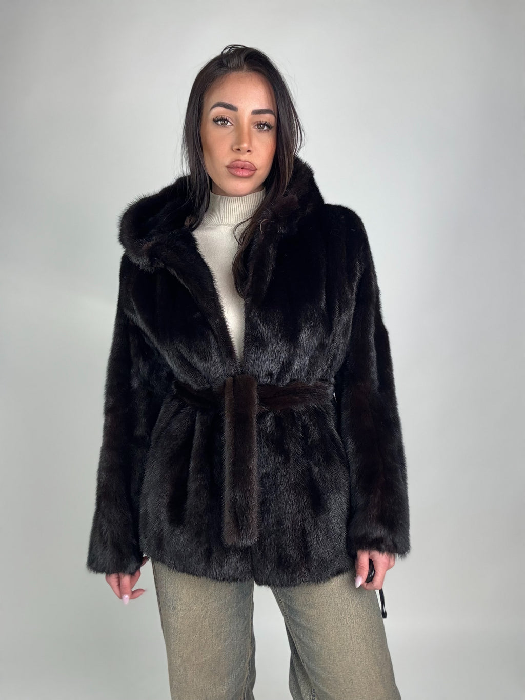 Mink jacket with belt and hood