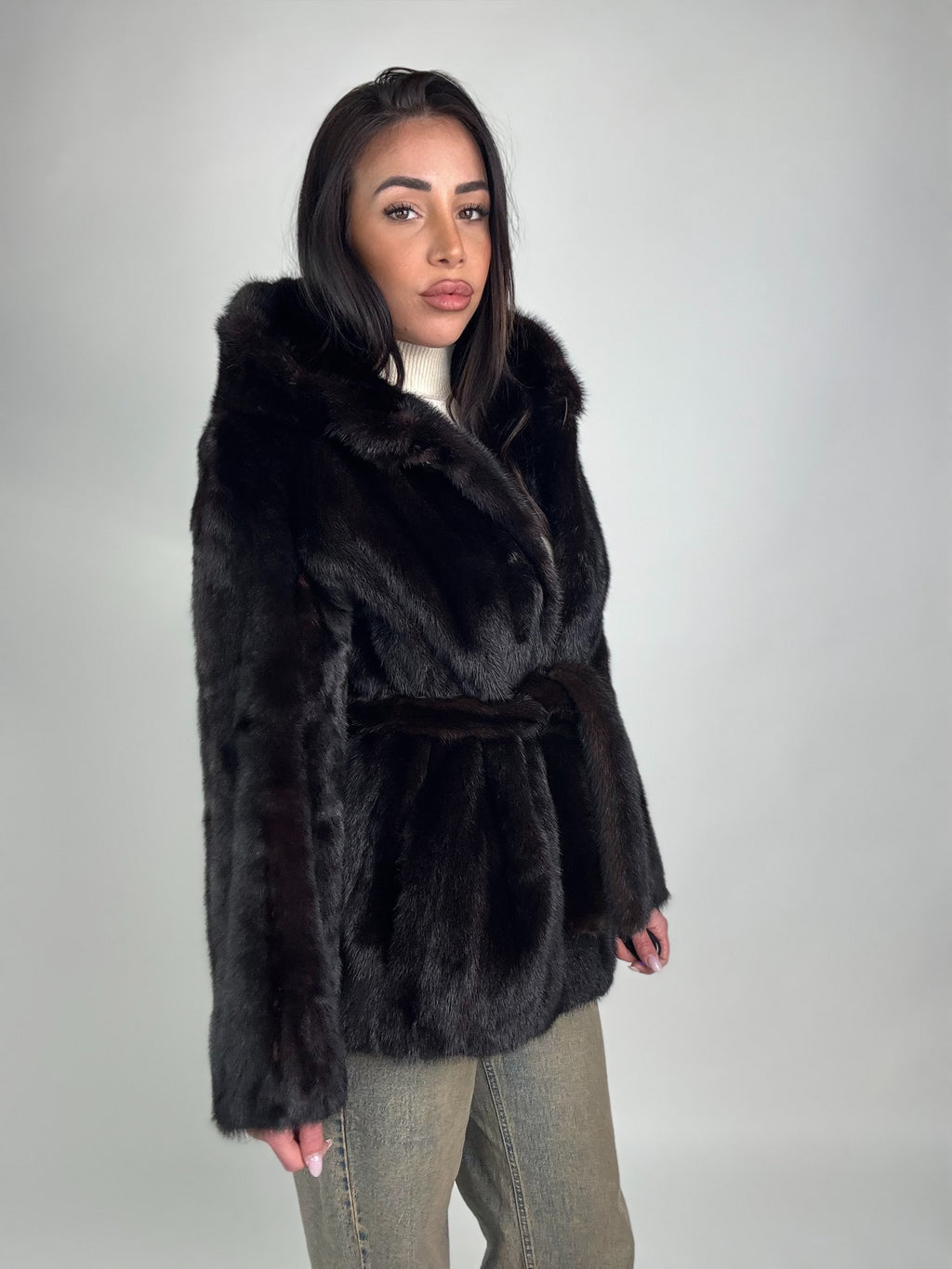 Mink jacket with belt and hood