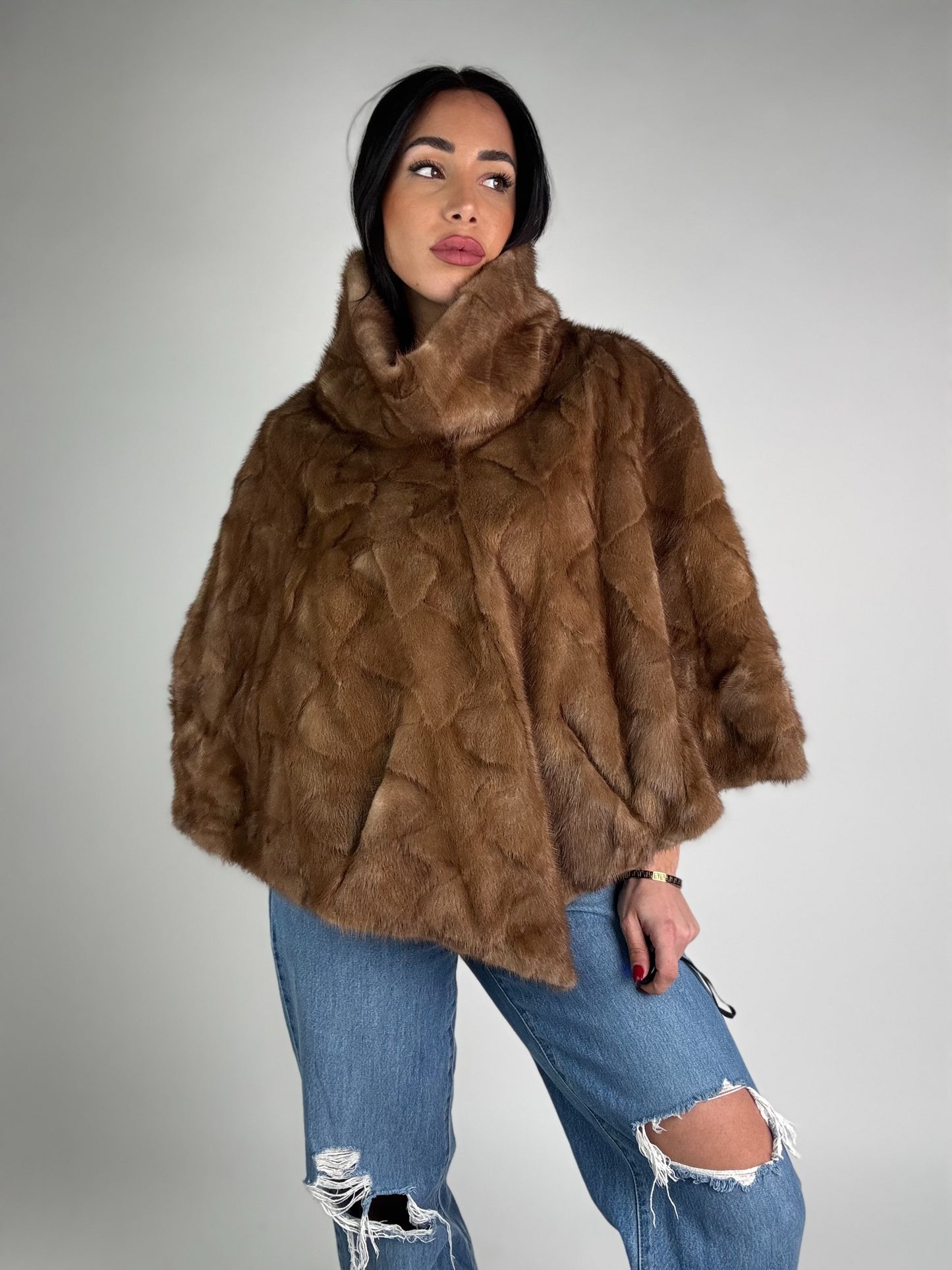Mink jacket with belt and hood
