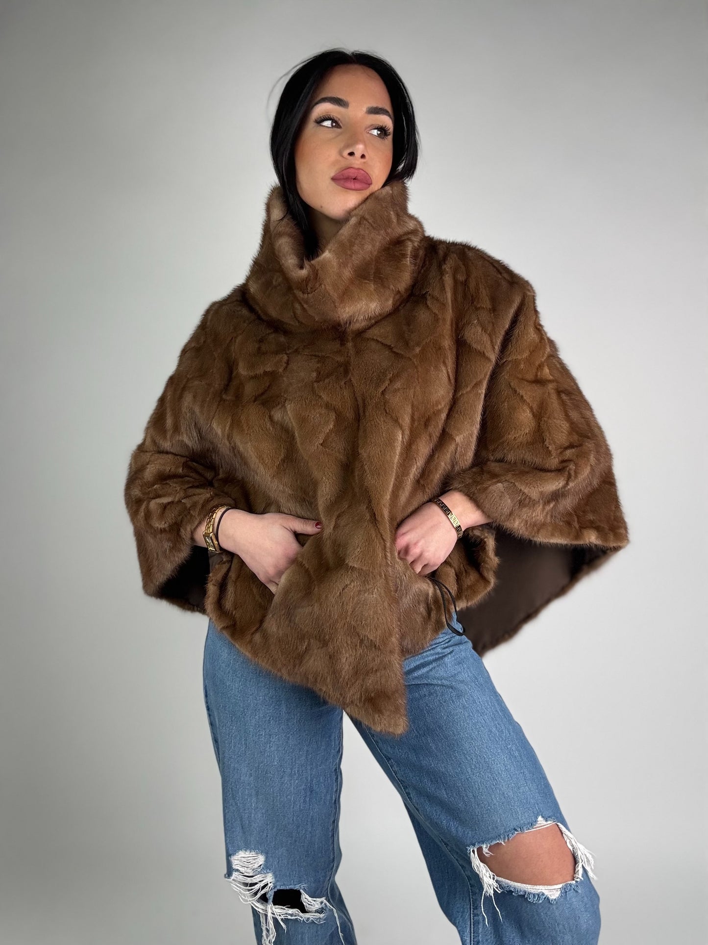 Mink jacket with belt and hood