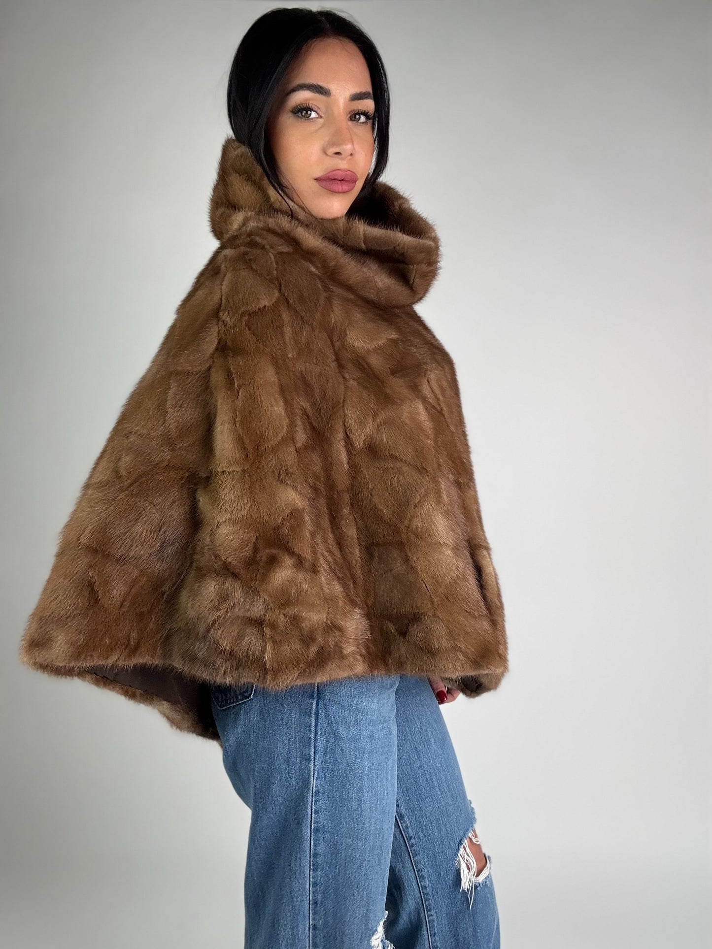 Mink jacket with belt and hood