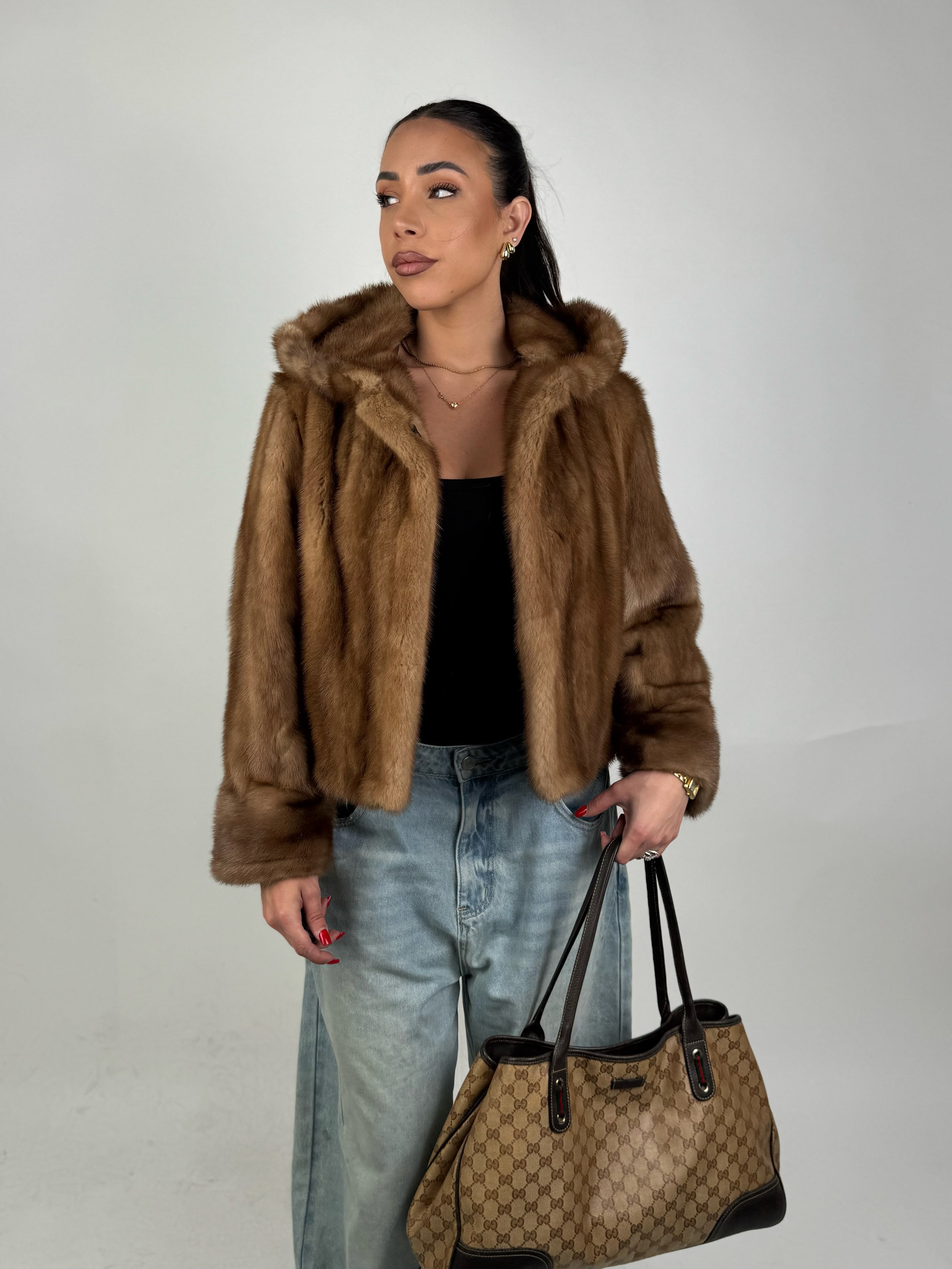 Mink jacket with belt and hood