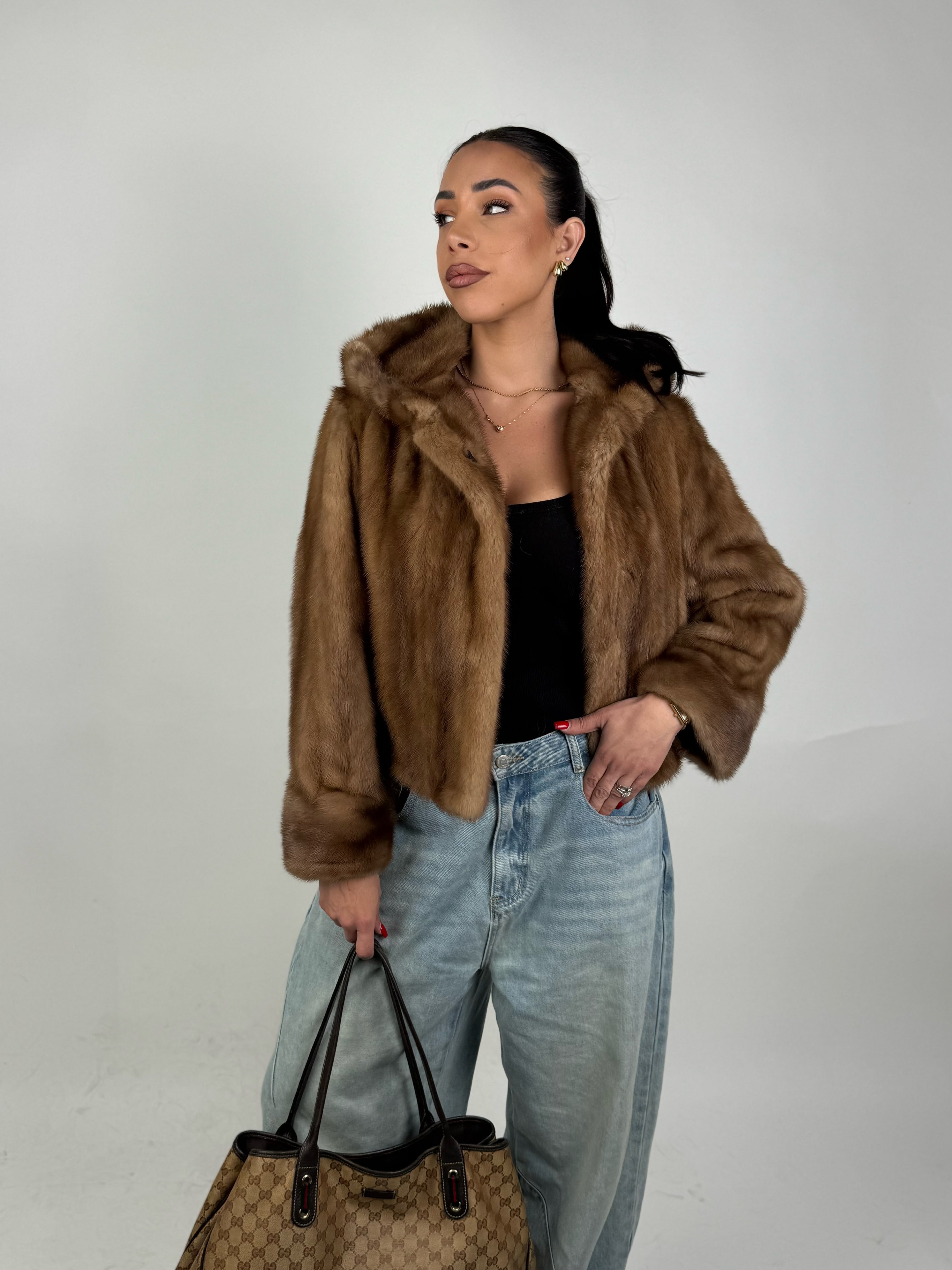 Mink jacket with belt and hood