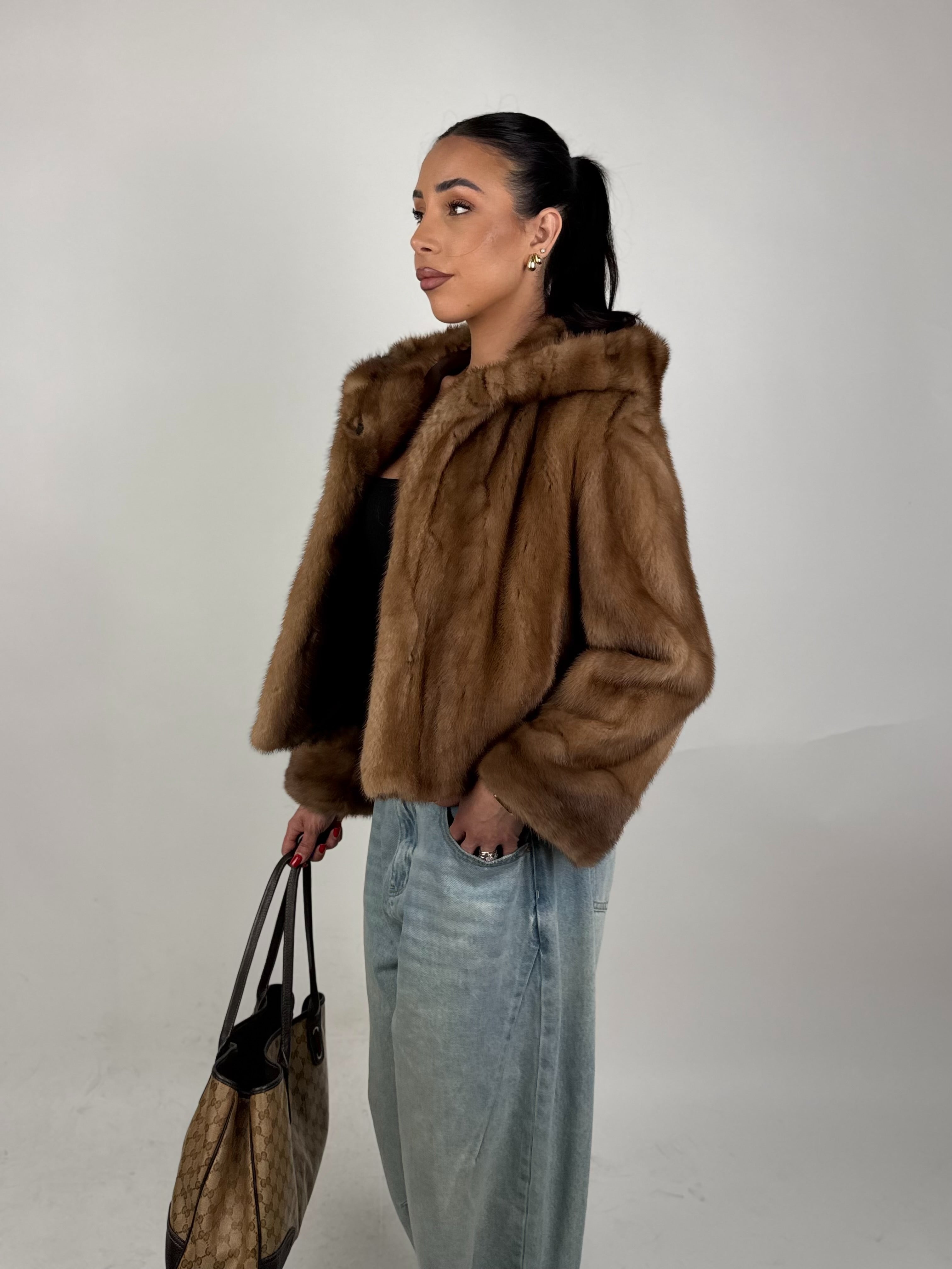 Mink jacket with belt and hood