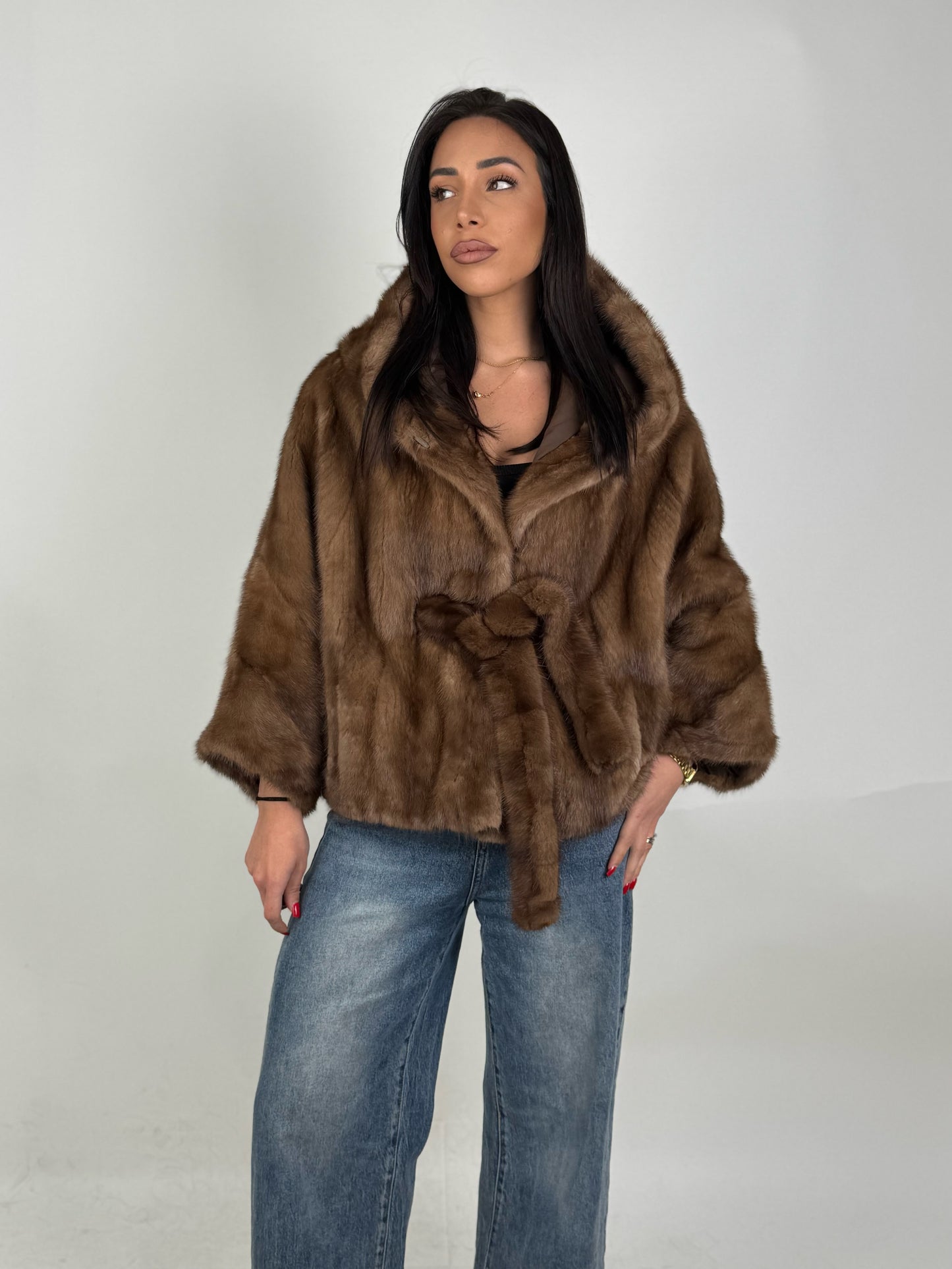 Mink jacket with belt and hood