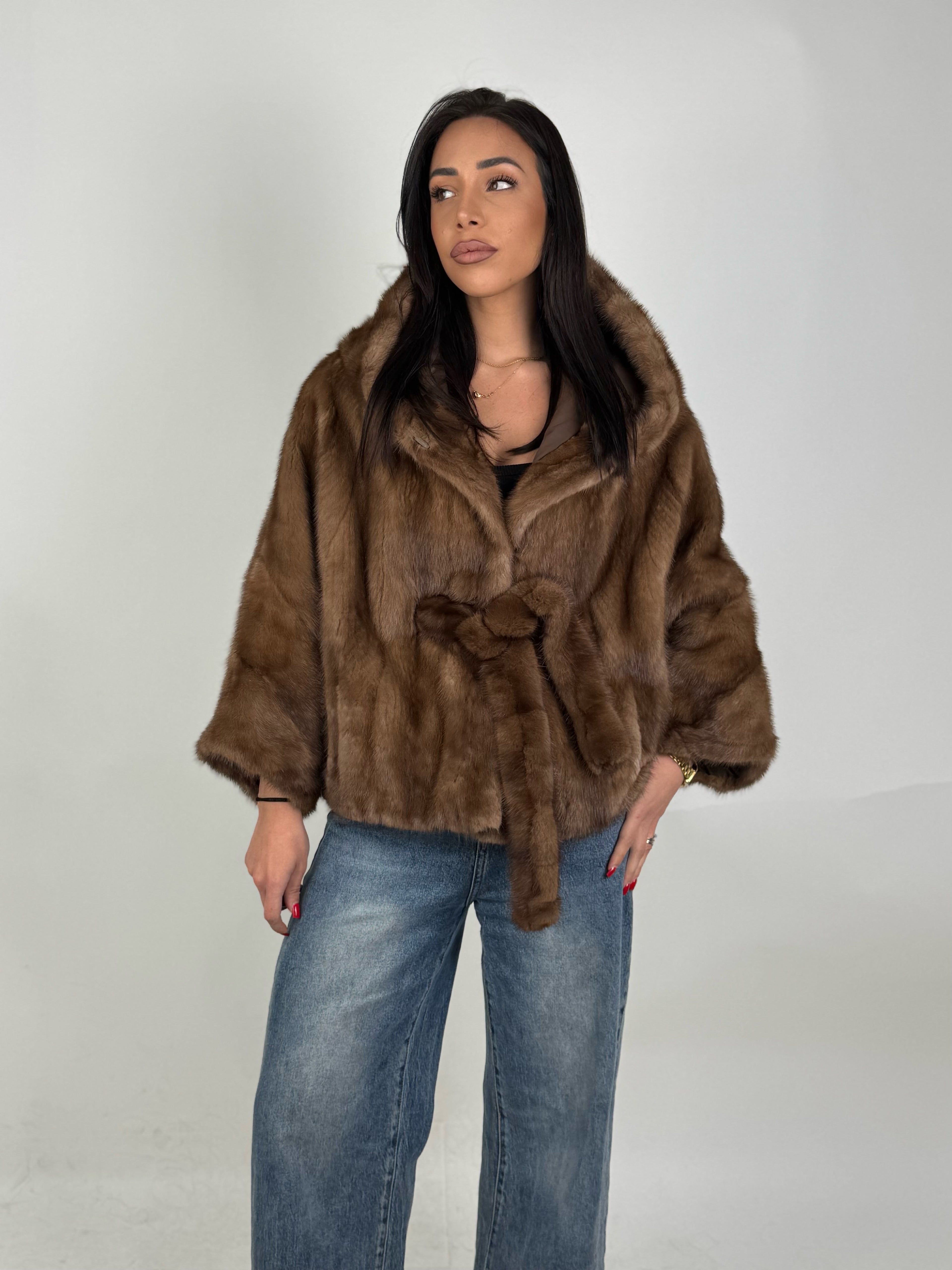 Mink jacket with belt and hood