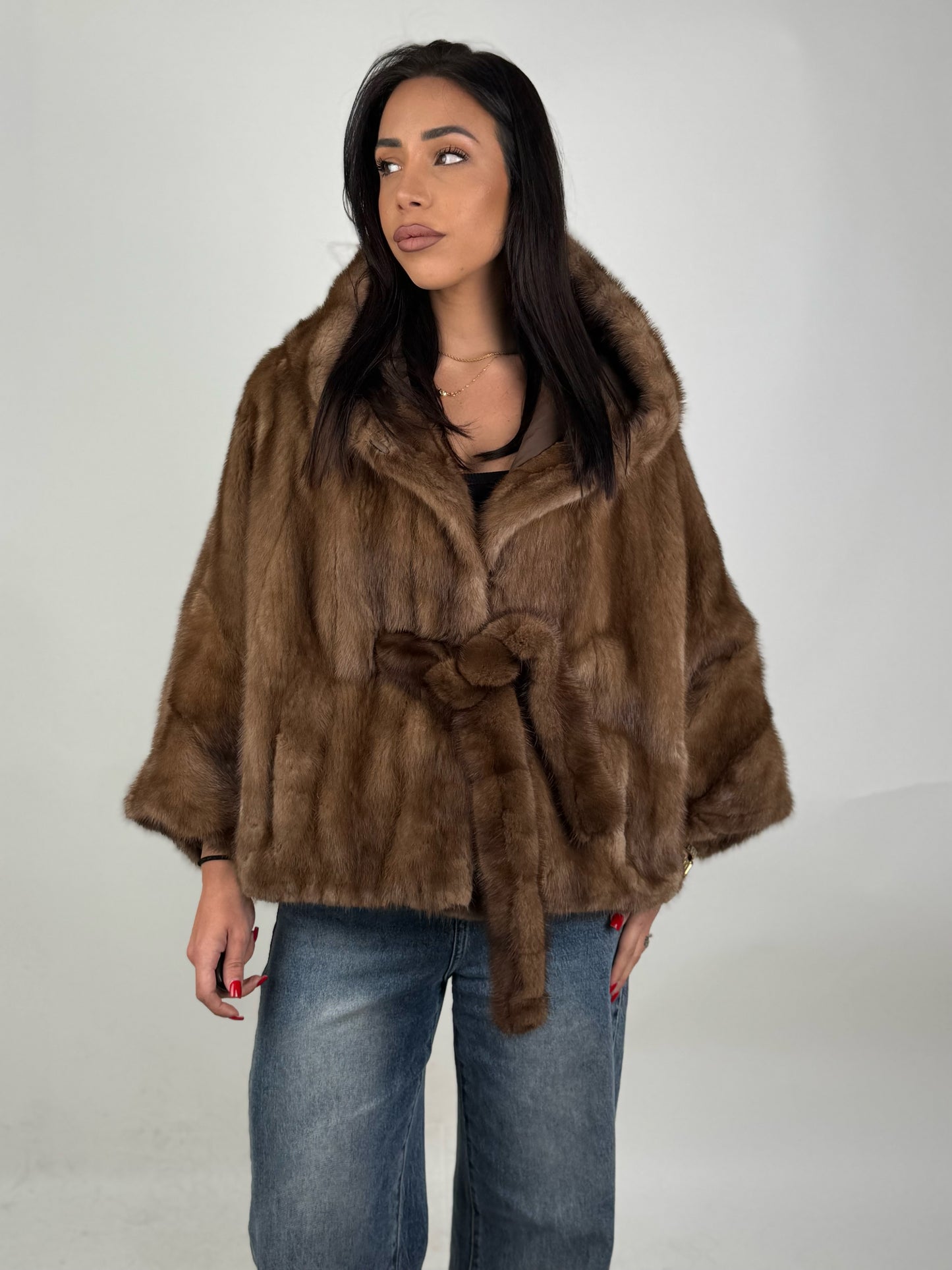 Mink jacket with belt and hood