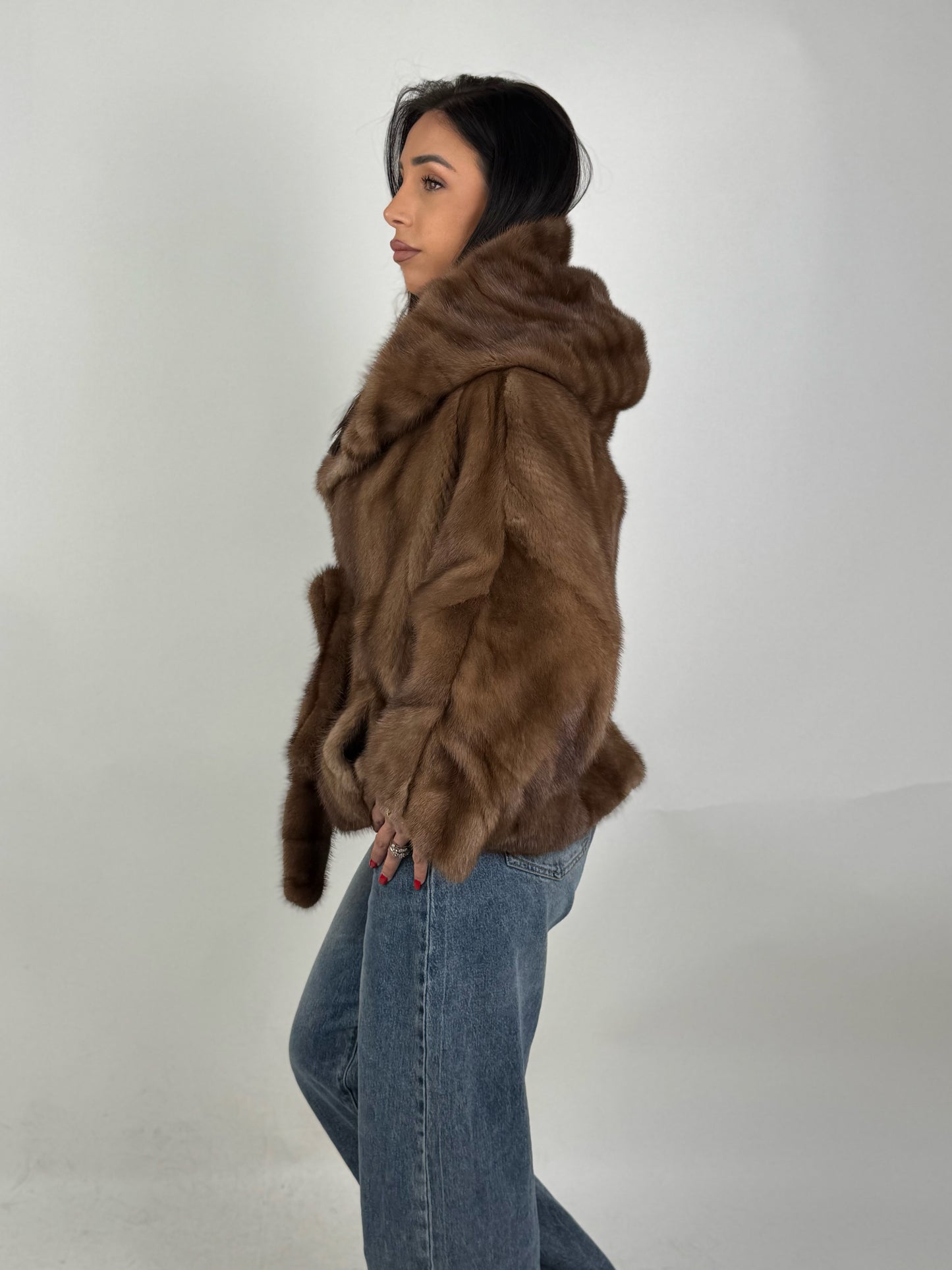 Mink jacket with belt and hood