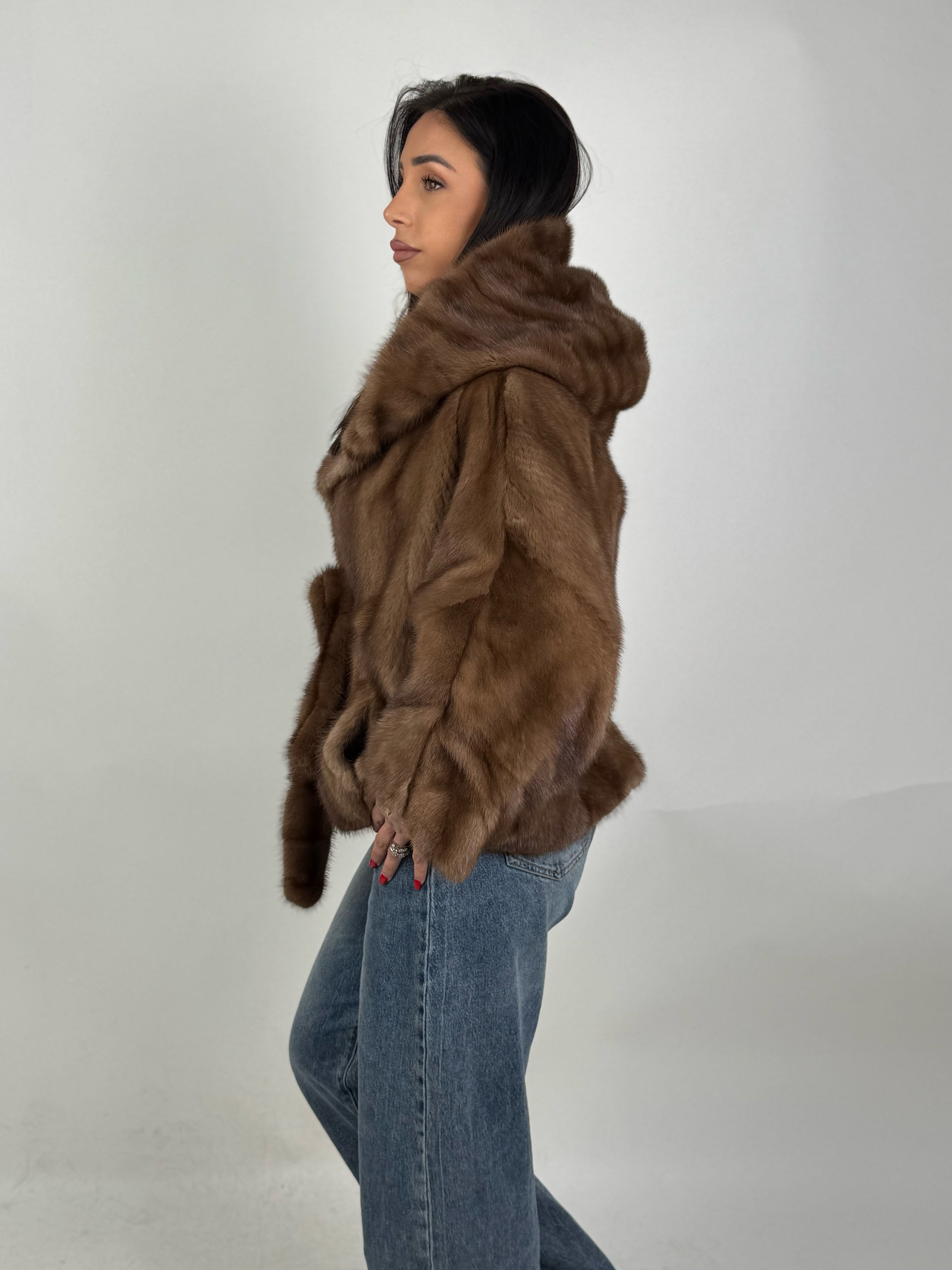 Mink jacket with belt and hood