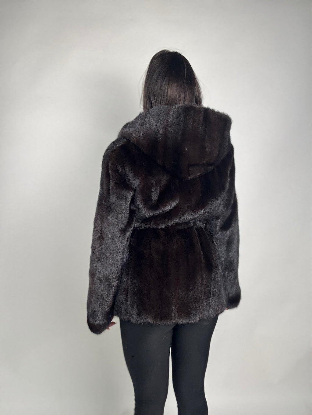 Mink jacket with belt and hood