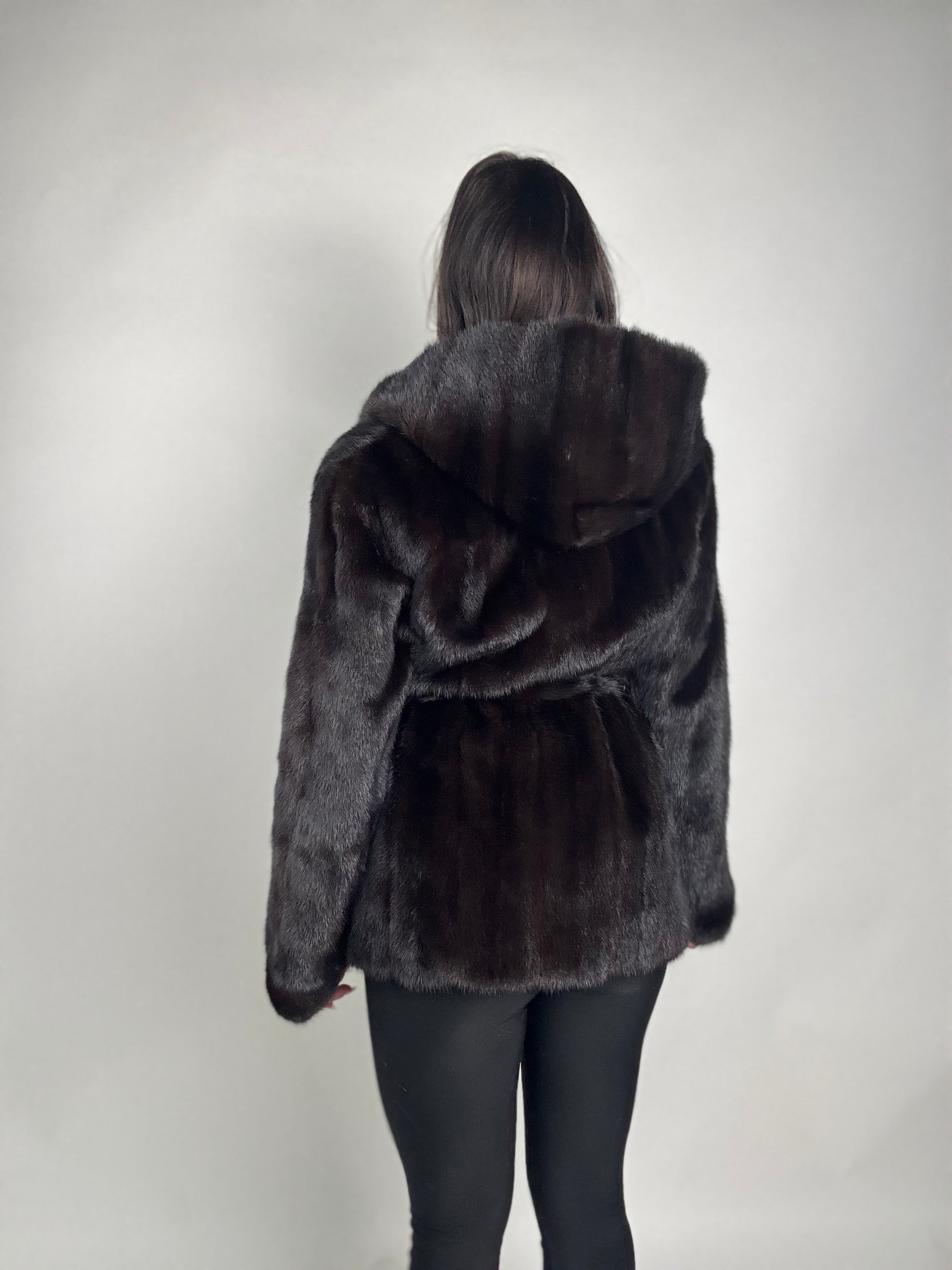 Mink jacket with belt and hood