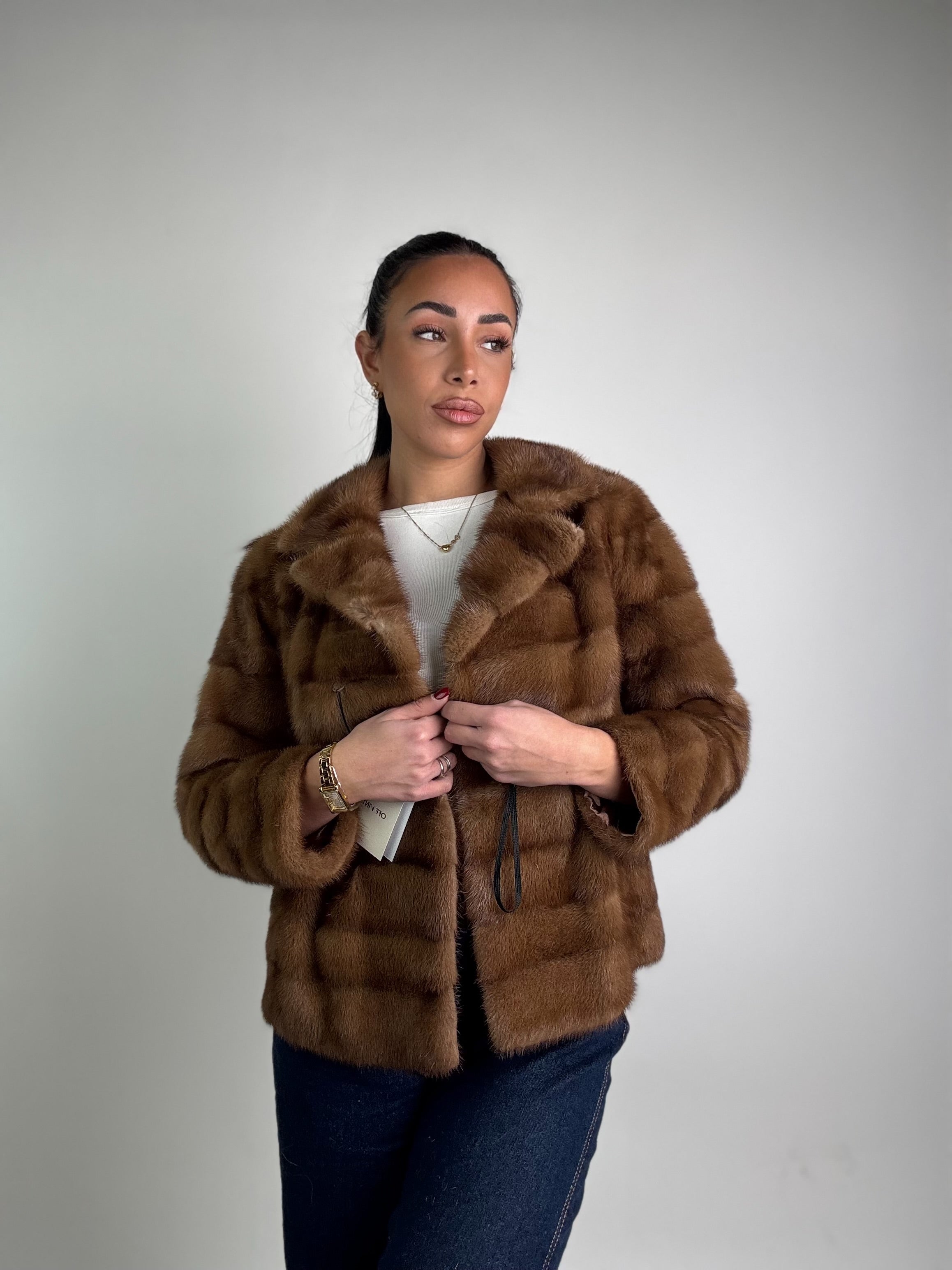 Mink vest with belt and hood