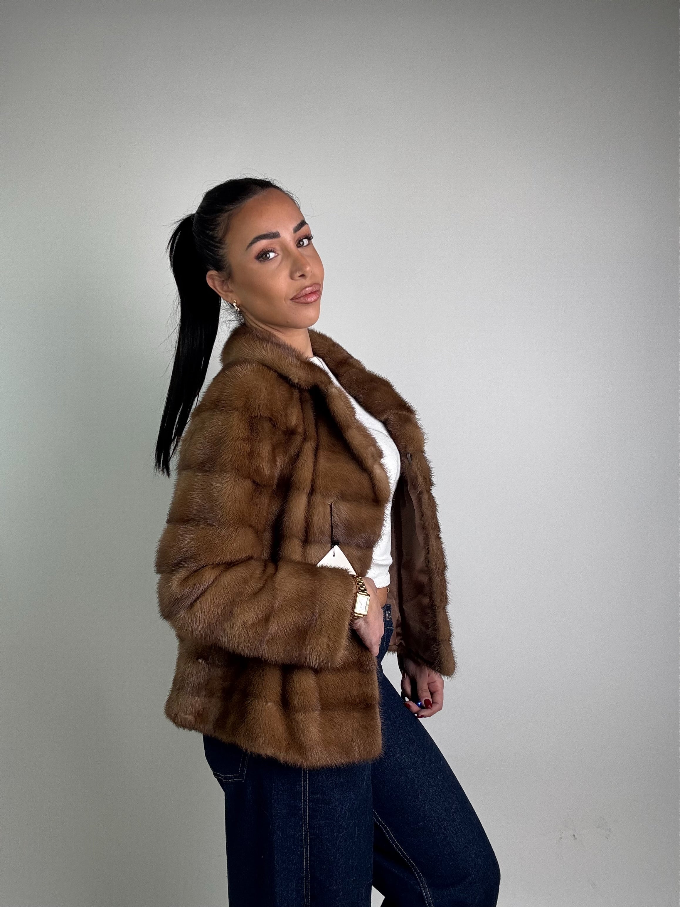 Mink vest with belt and hood