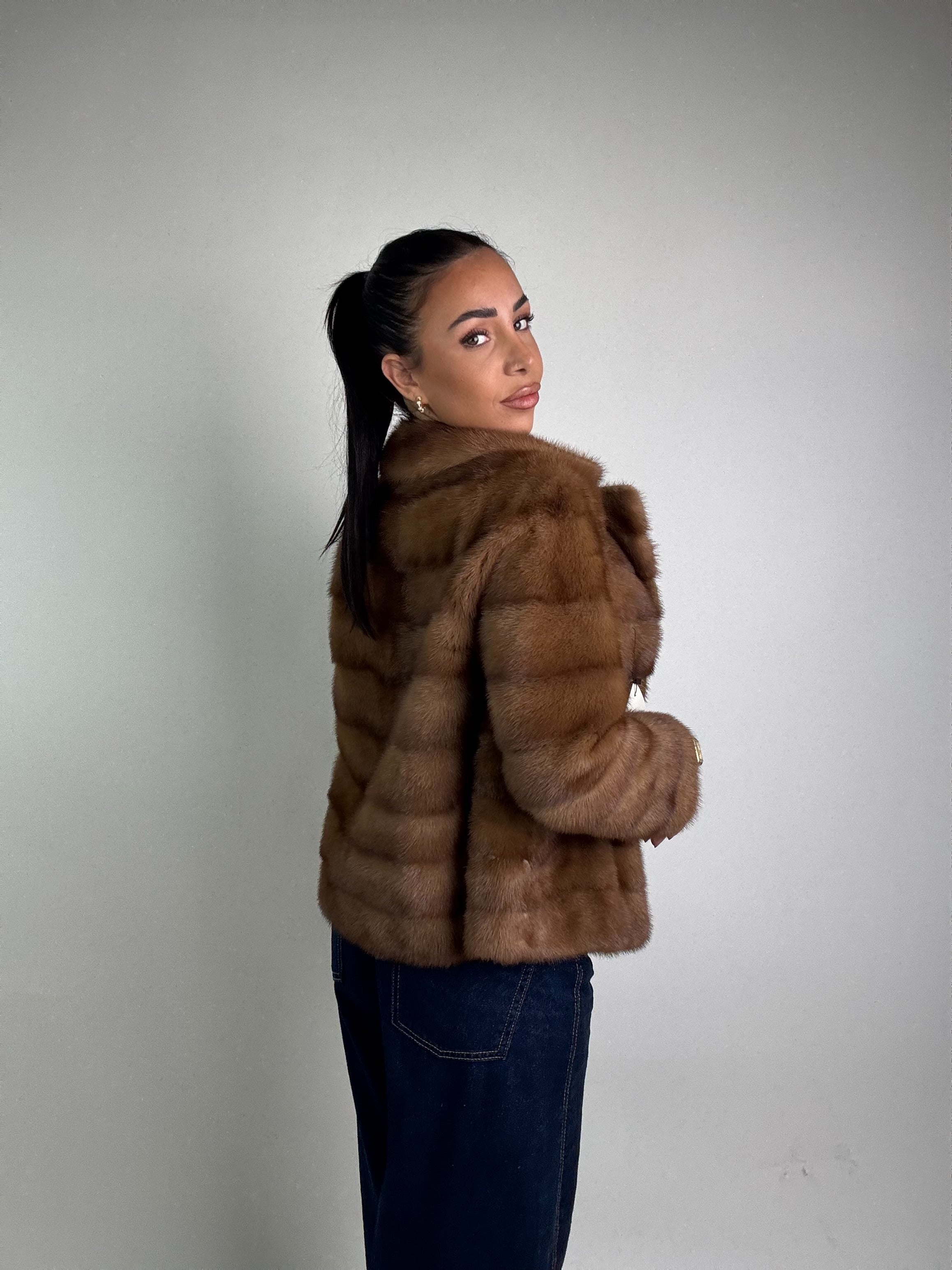 Mink vest with belt and hood