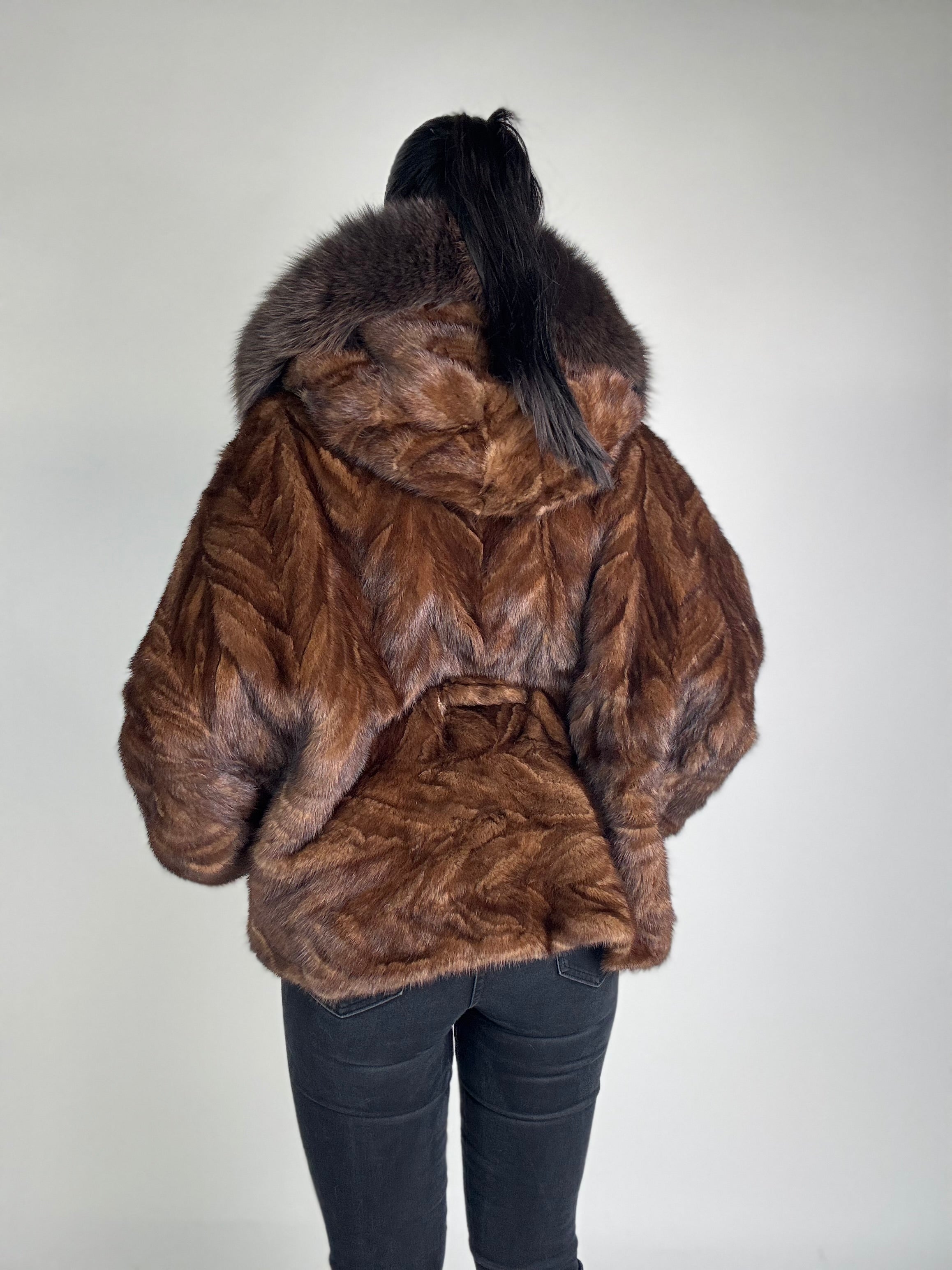 Mink jacket with belt and hood