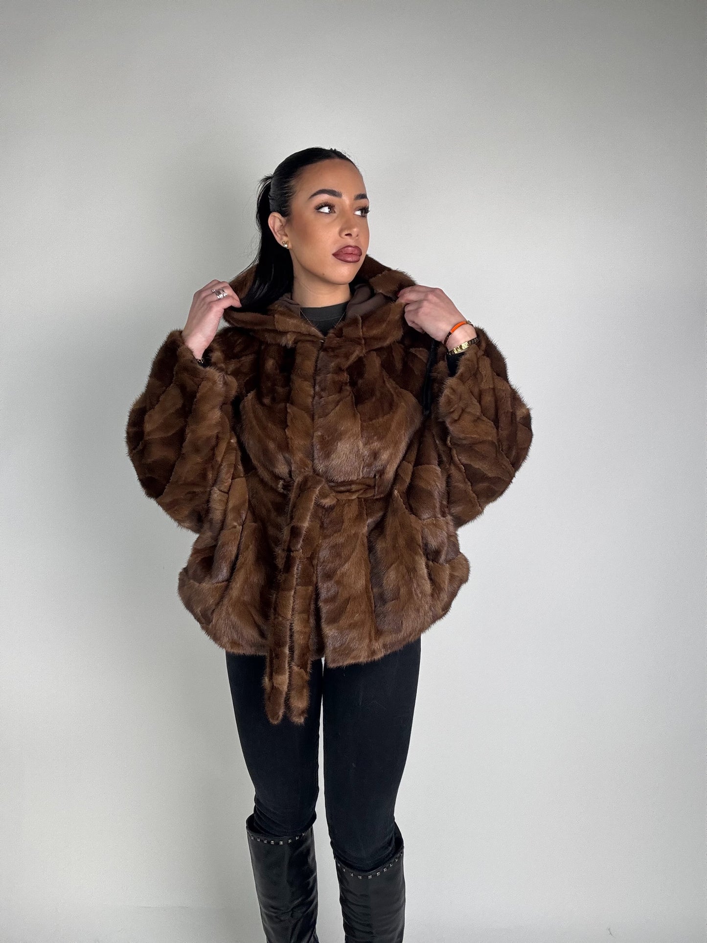 Mink jacket with belt and hood