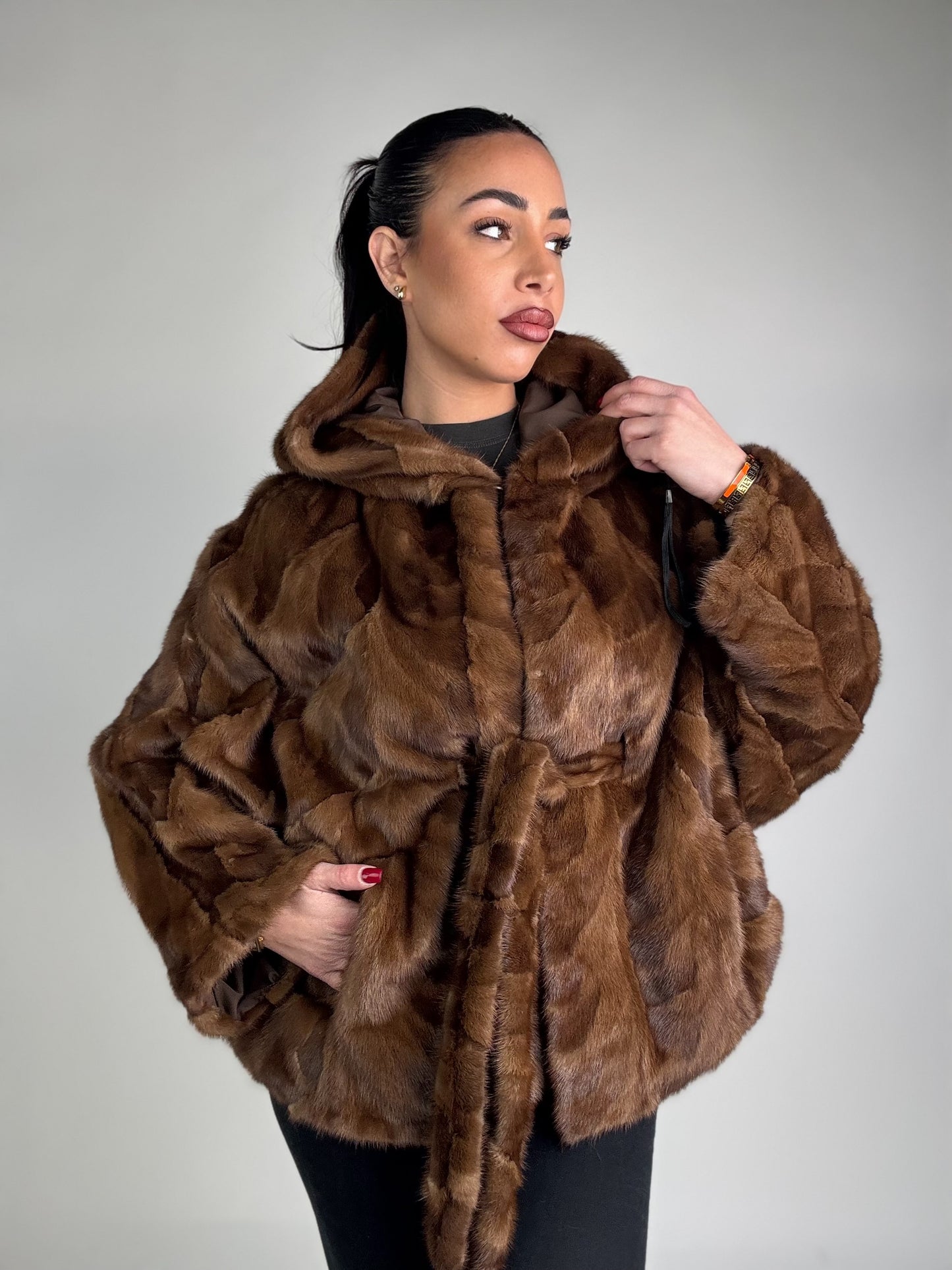 Mink jacket with belt and hood