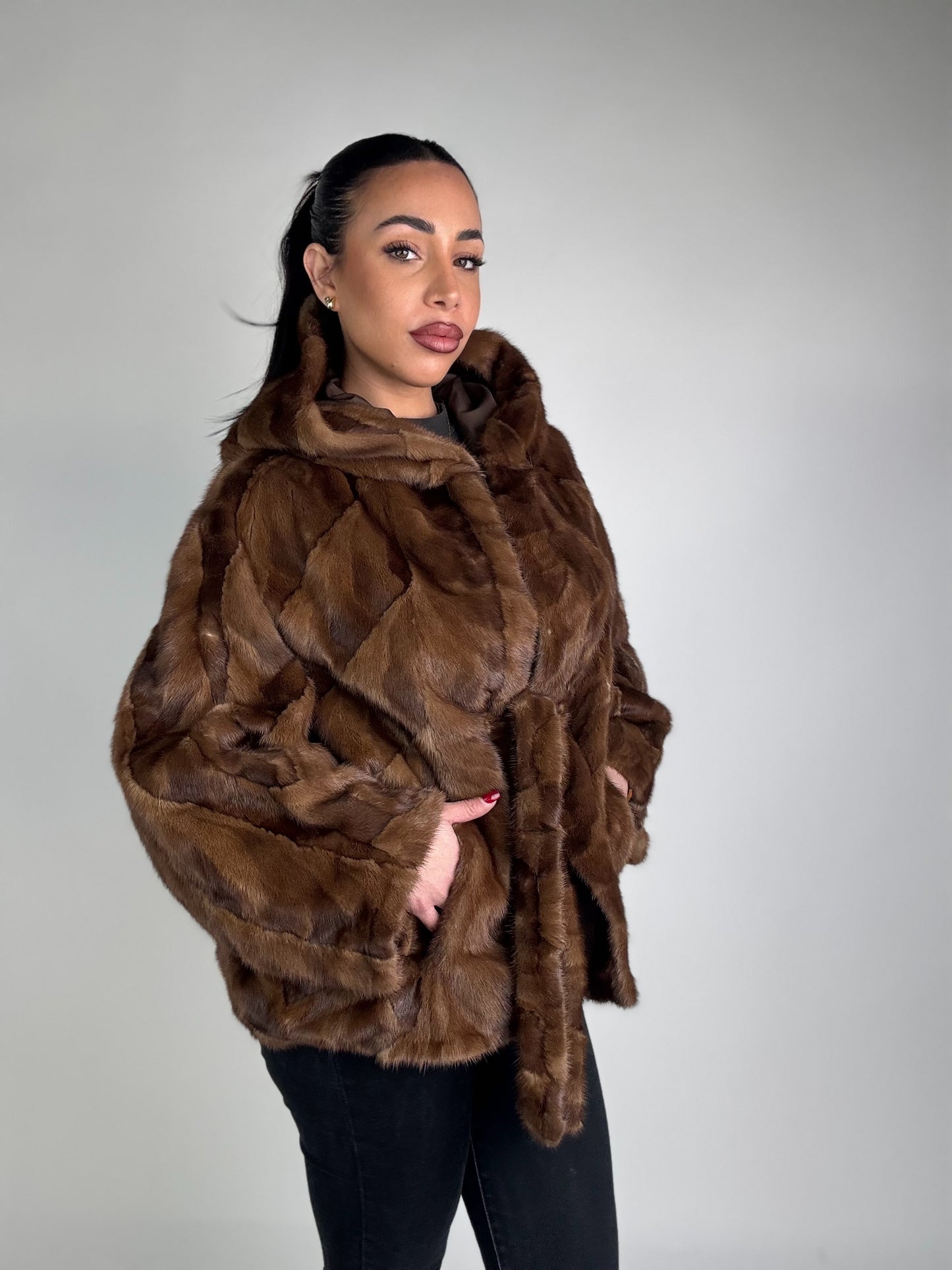 Mink jacket with belt and hood