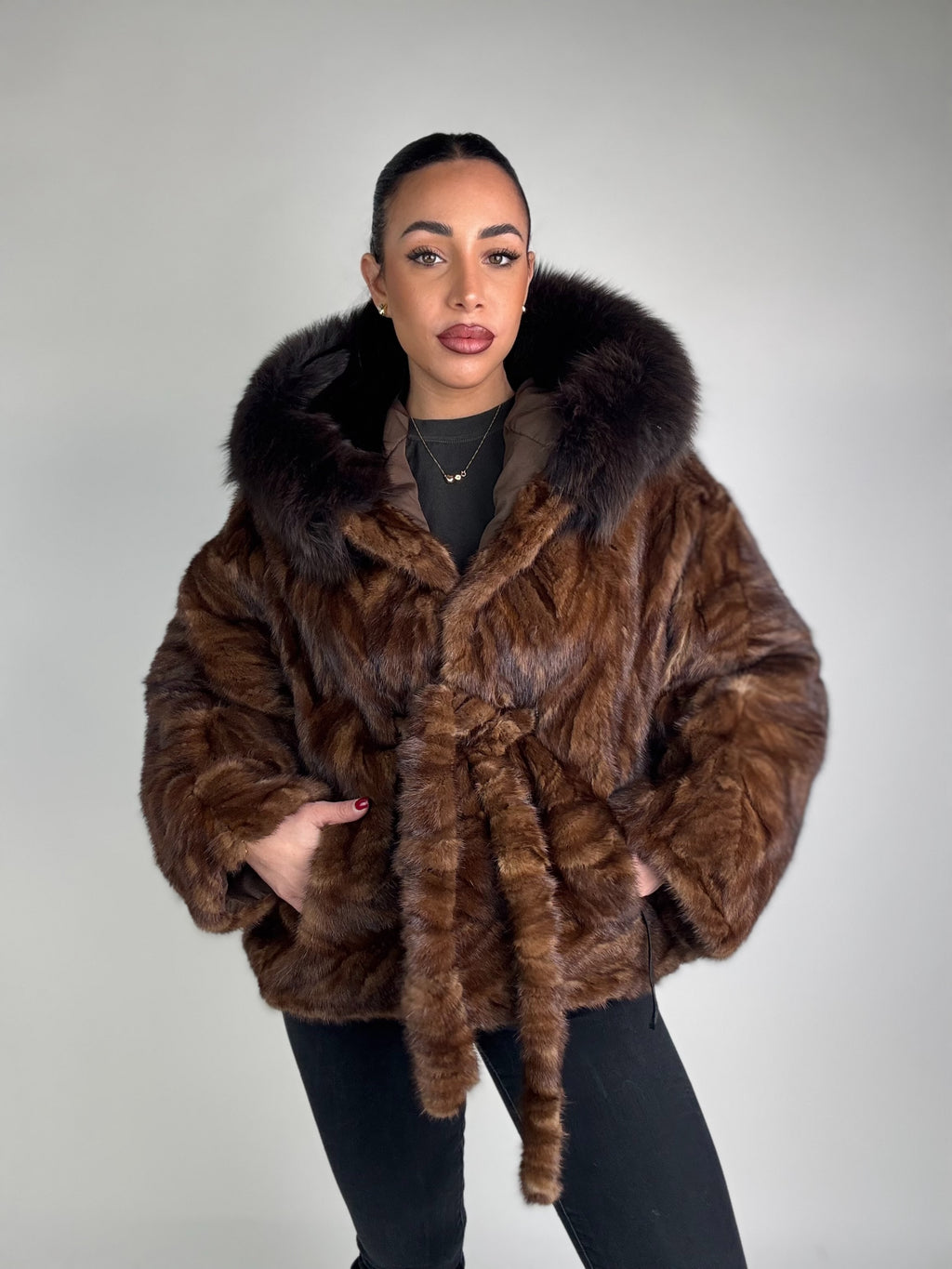 Mink jacket with belt and hood