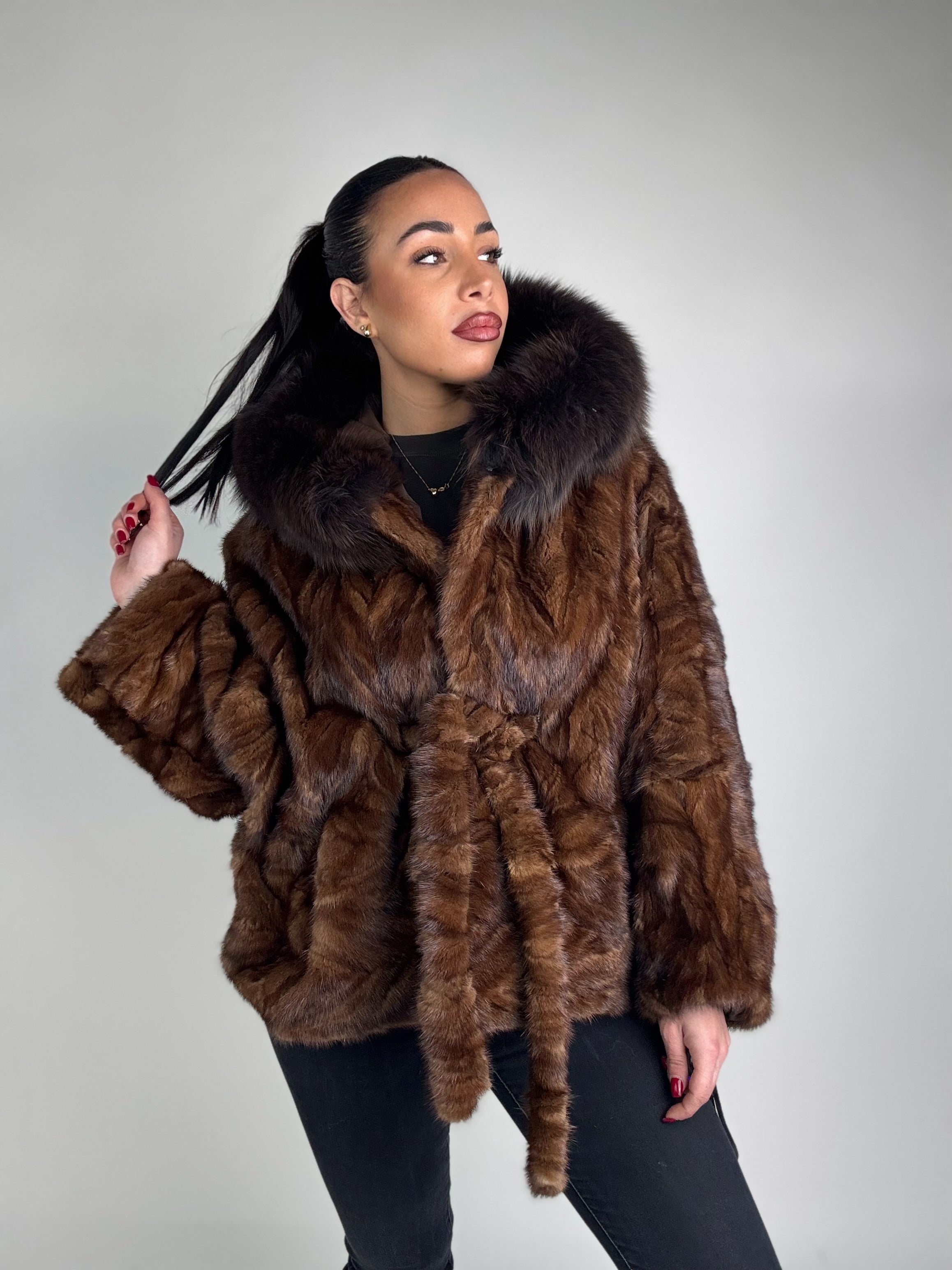 Mink jacket with belt and hood