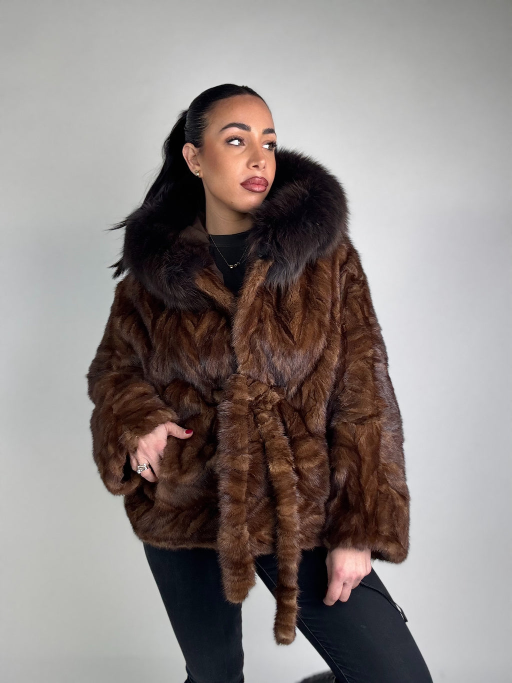 Mink jacket with belt and hood