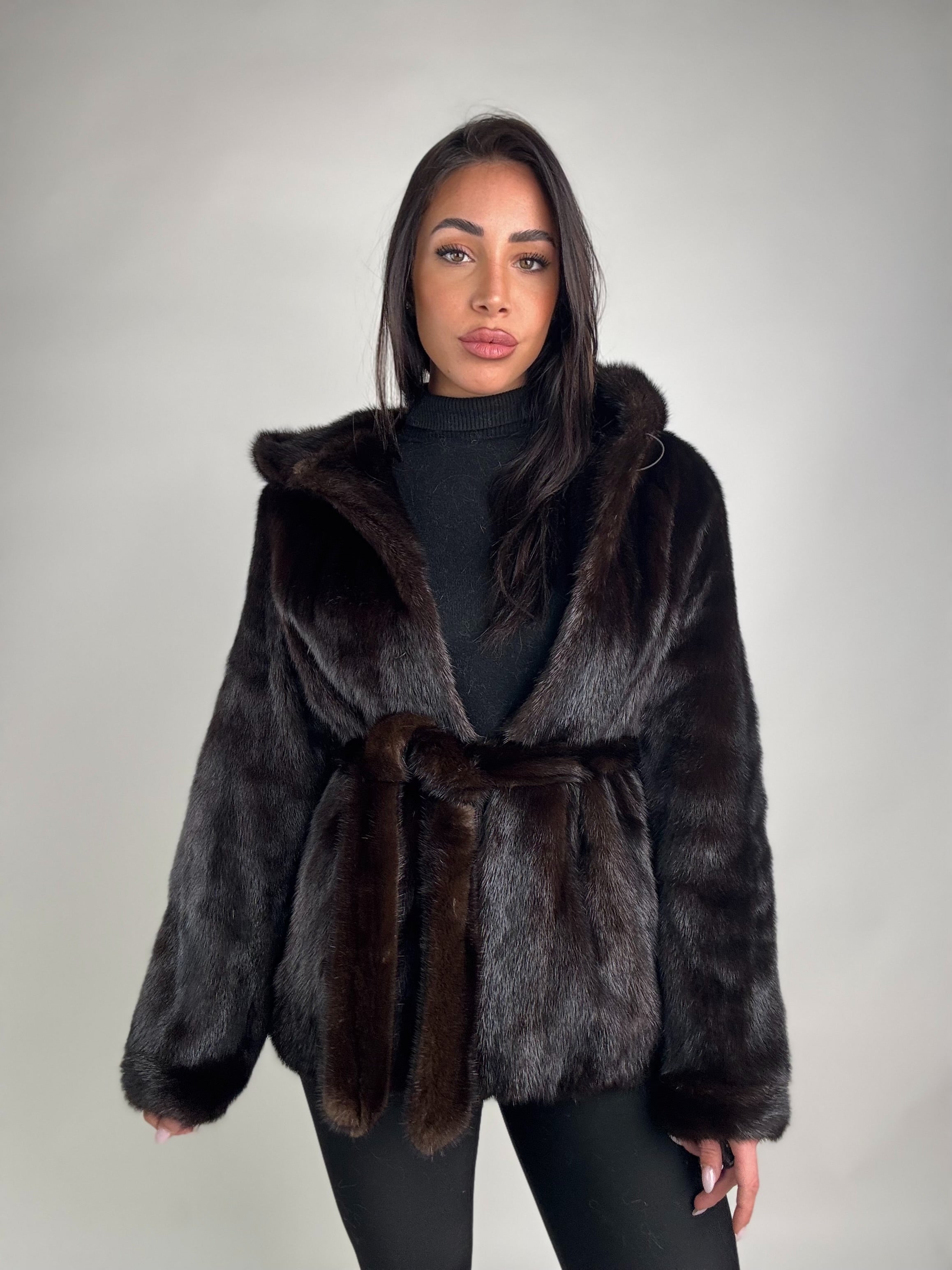 Mink jacket with belt and hood
