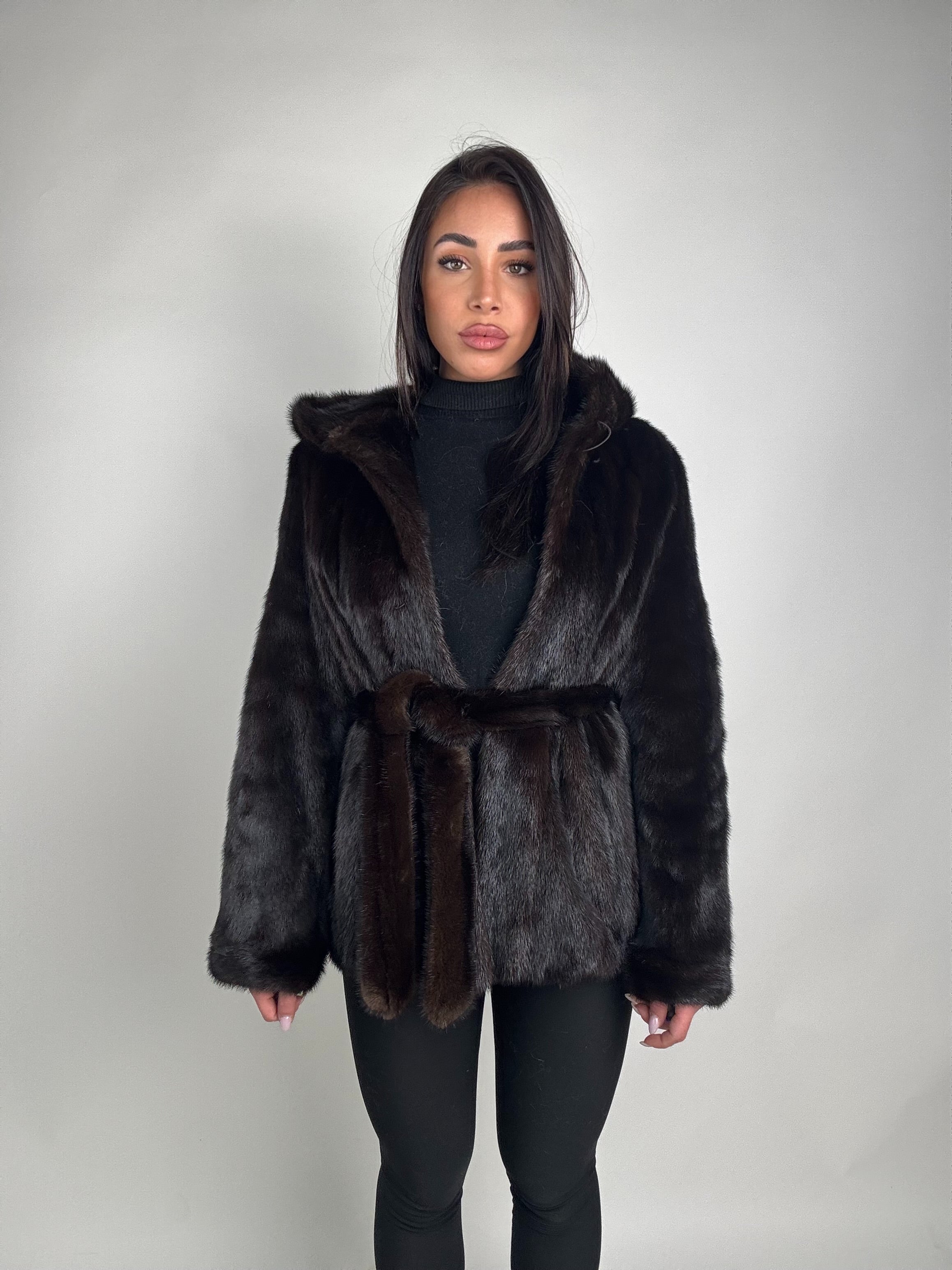 Mink jacket with belt and hood