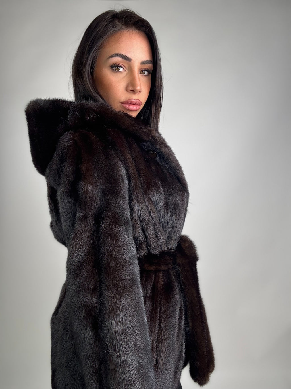 Mink jacket with belt and hood