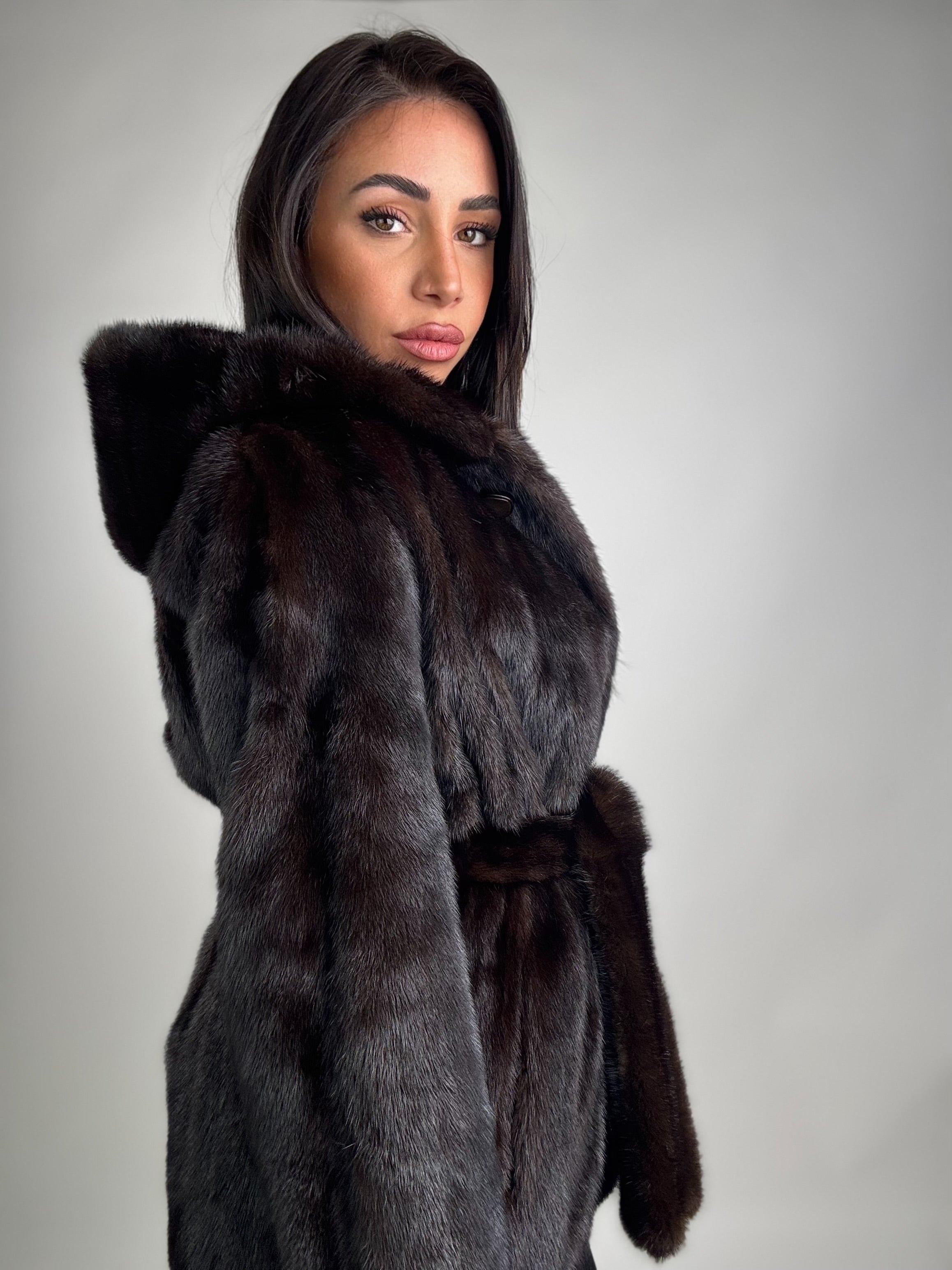 Mink jacket with belt and hood