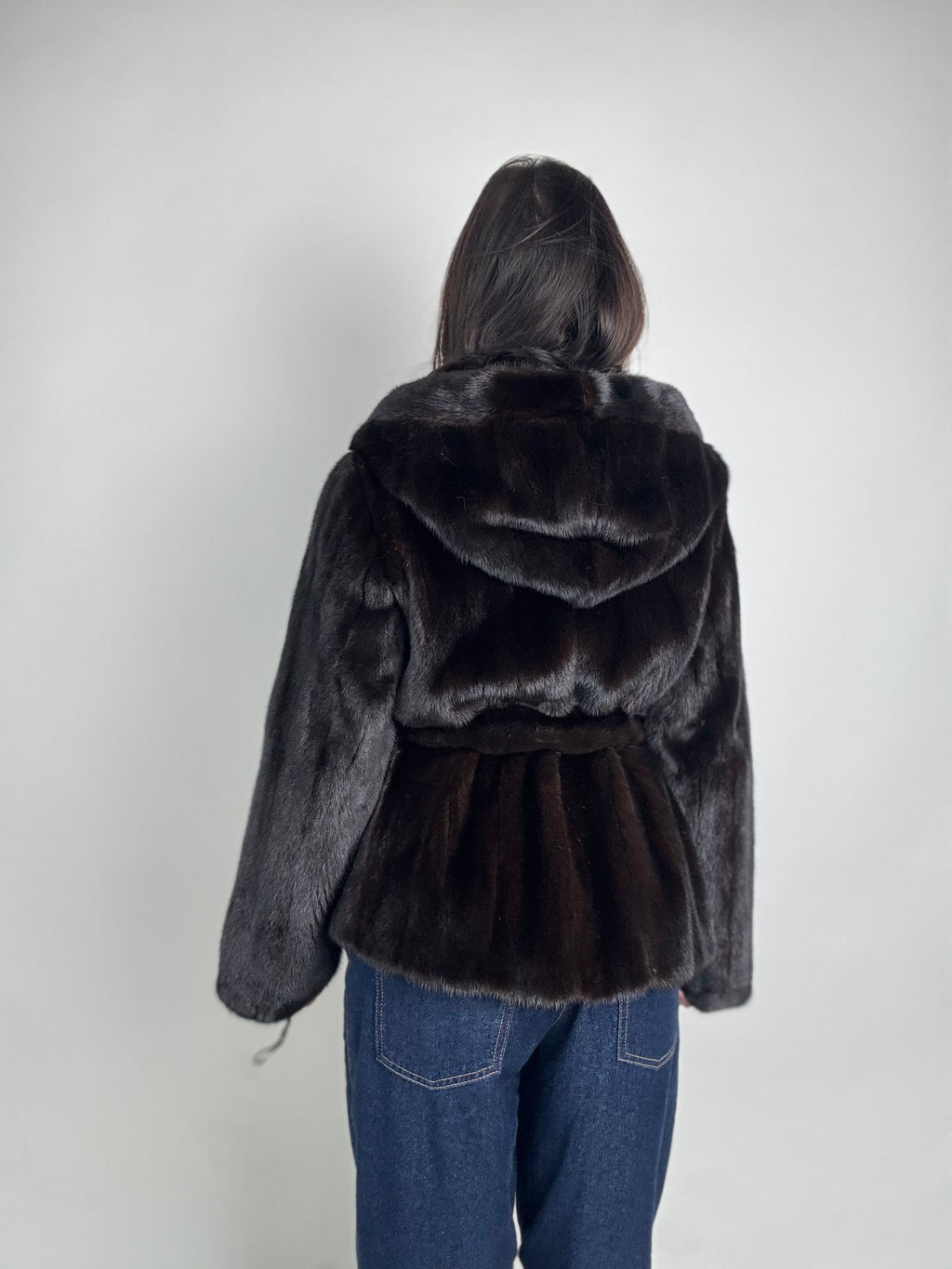 Mink jacket with belt and hood