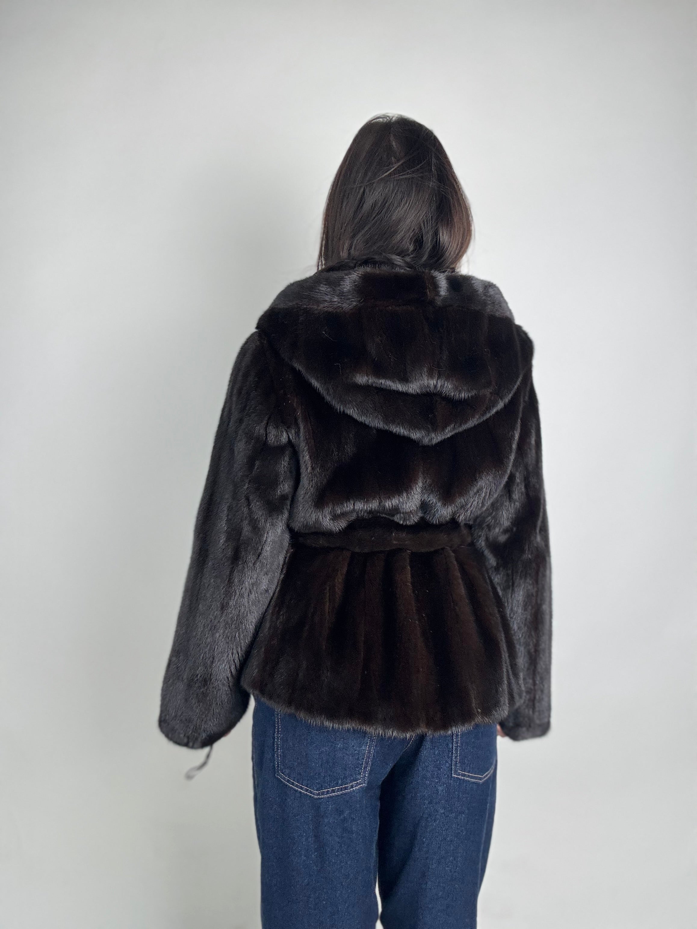 Mink jacket with belt and hood